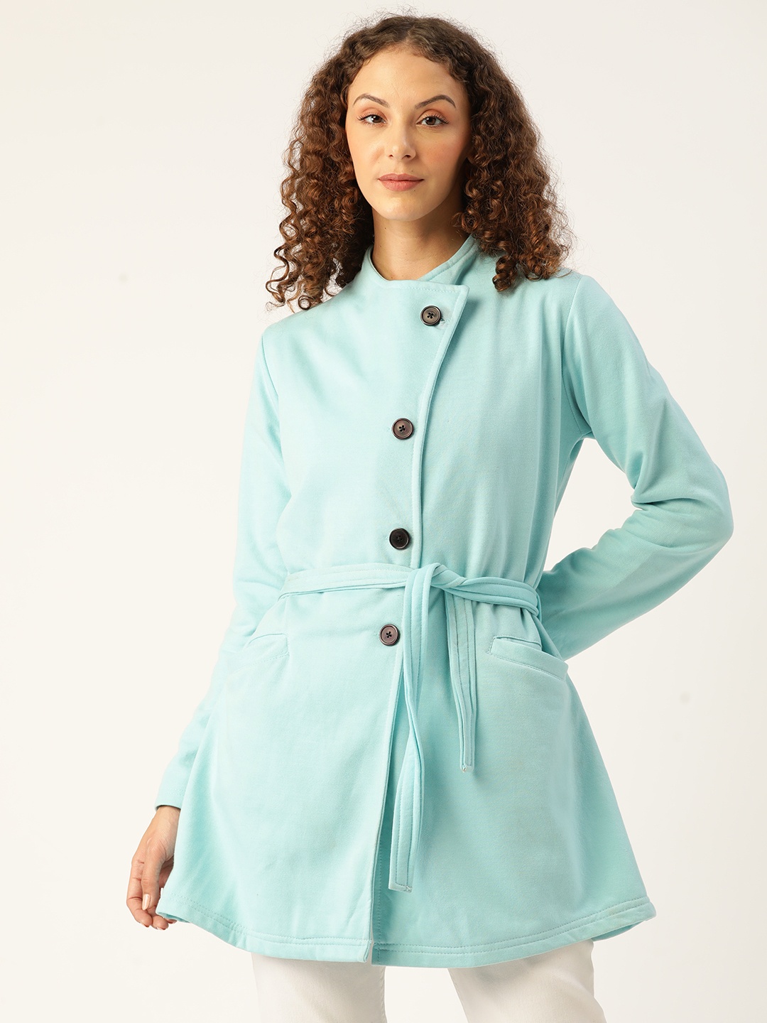 

Belle Fille Women Fleece Lightweight Longline Tailored Jacket, Turquoise blue