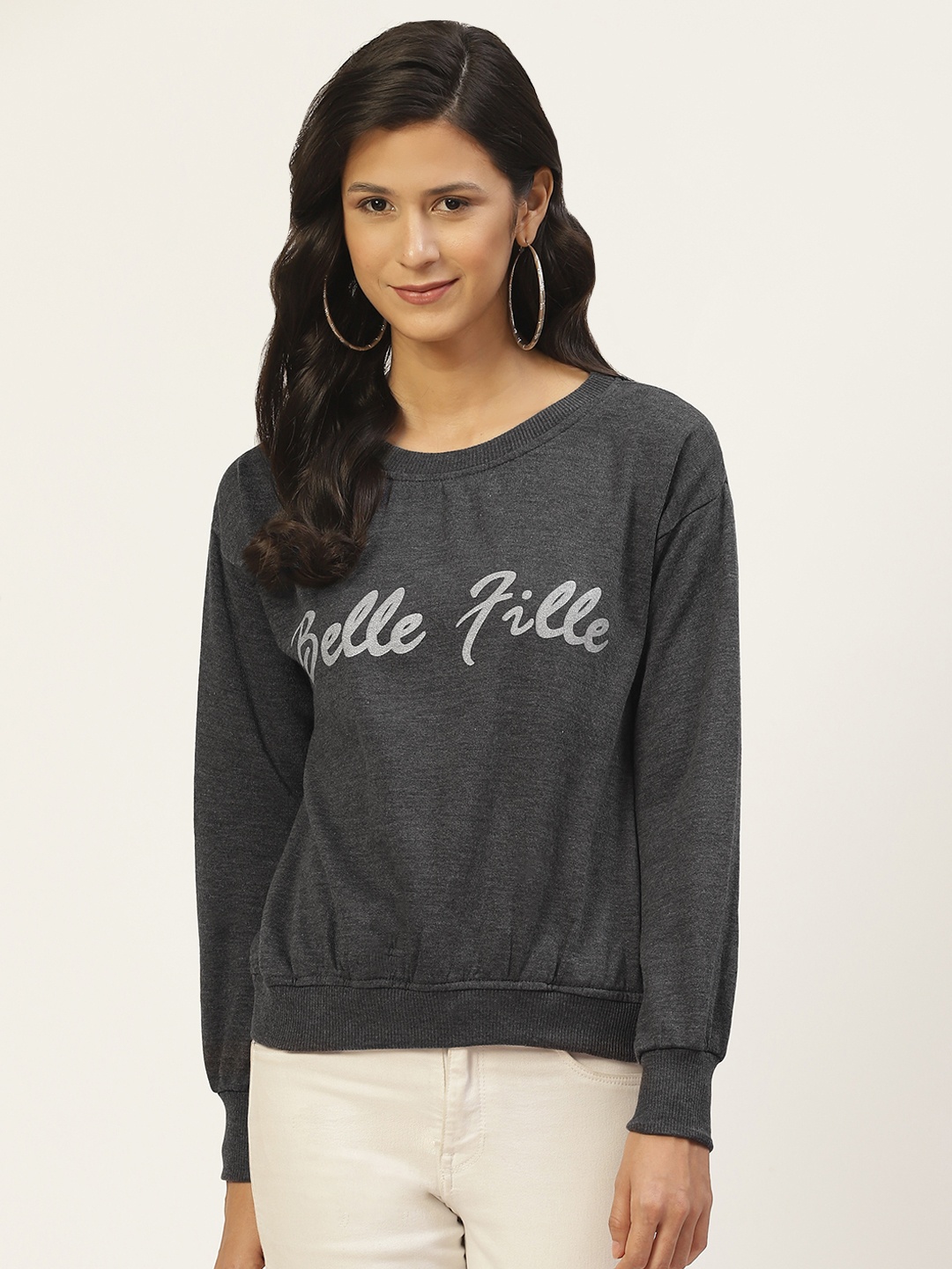 

Belle Fille Women Charcoal Printed Sweatshirt