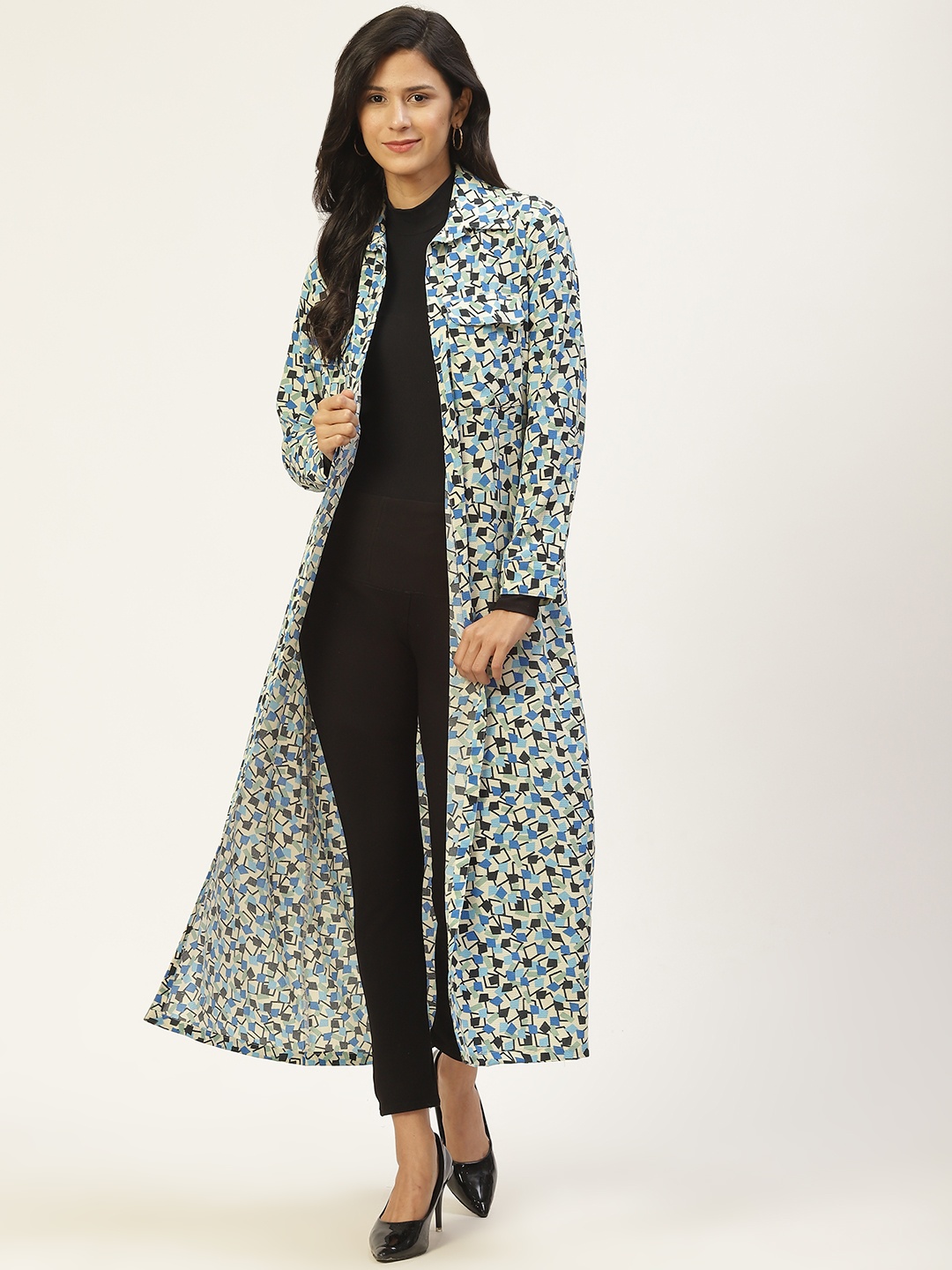 

Belle Fille Women Blue & Beige Printed Longline Shrug