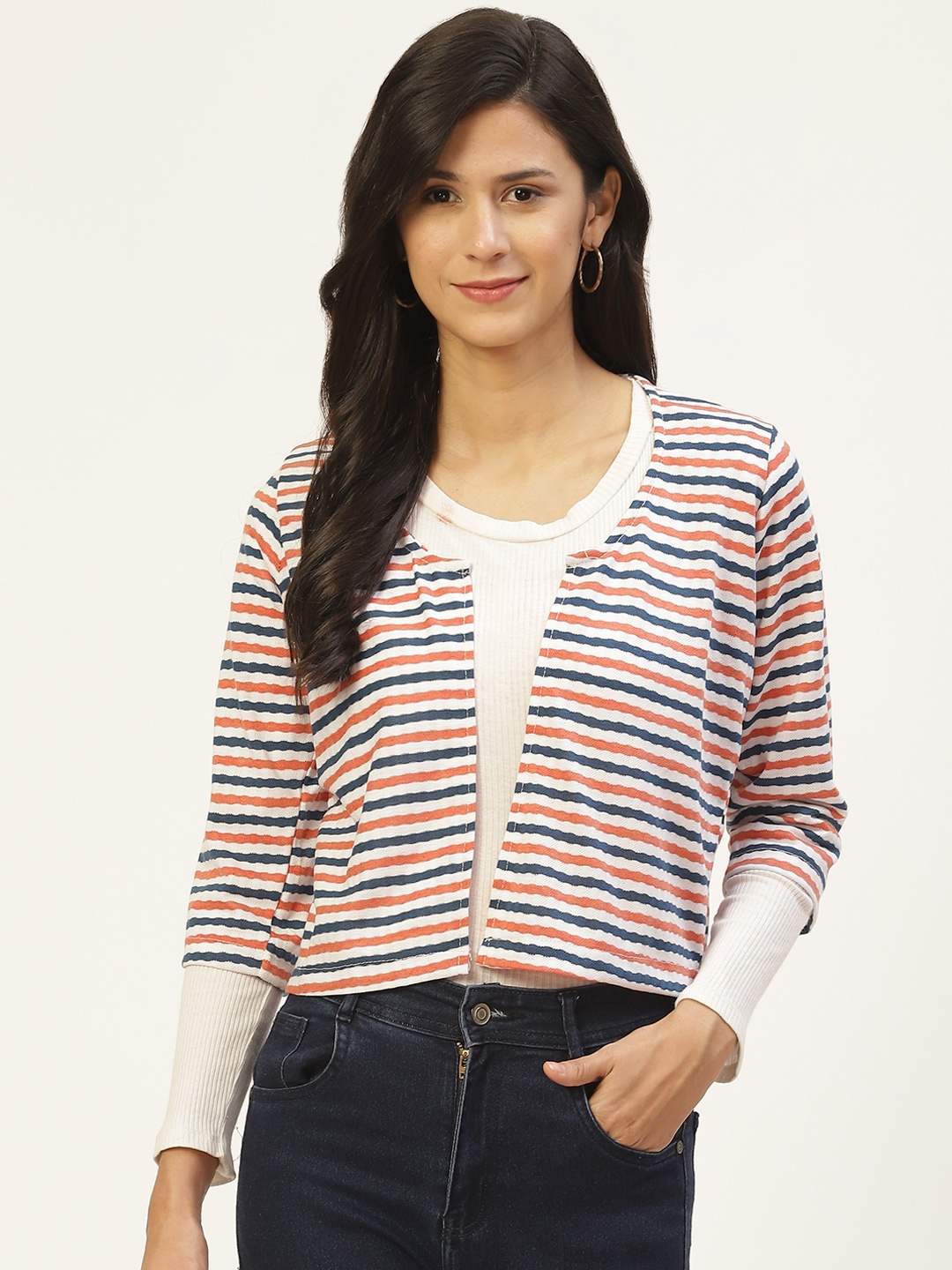 

Belle Fille Women Orange & Blue Striped Crop Shrug