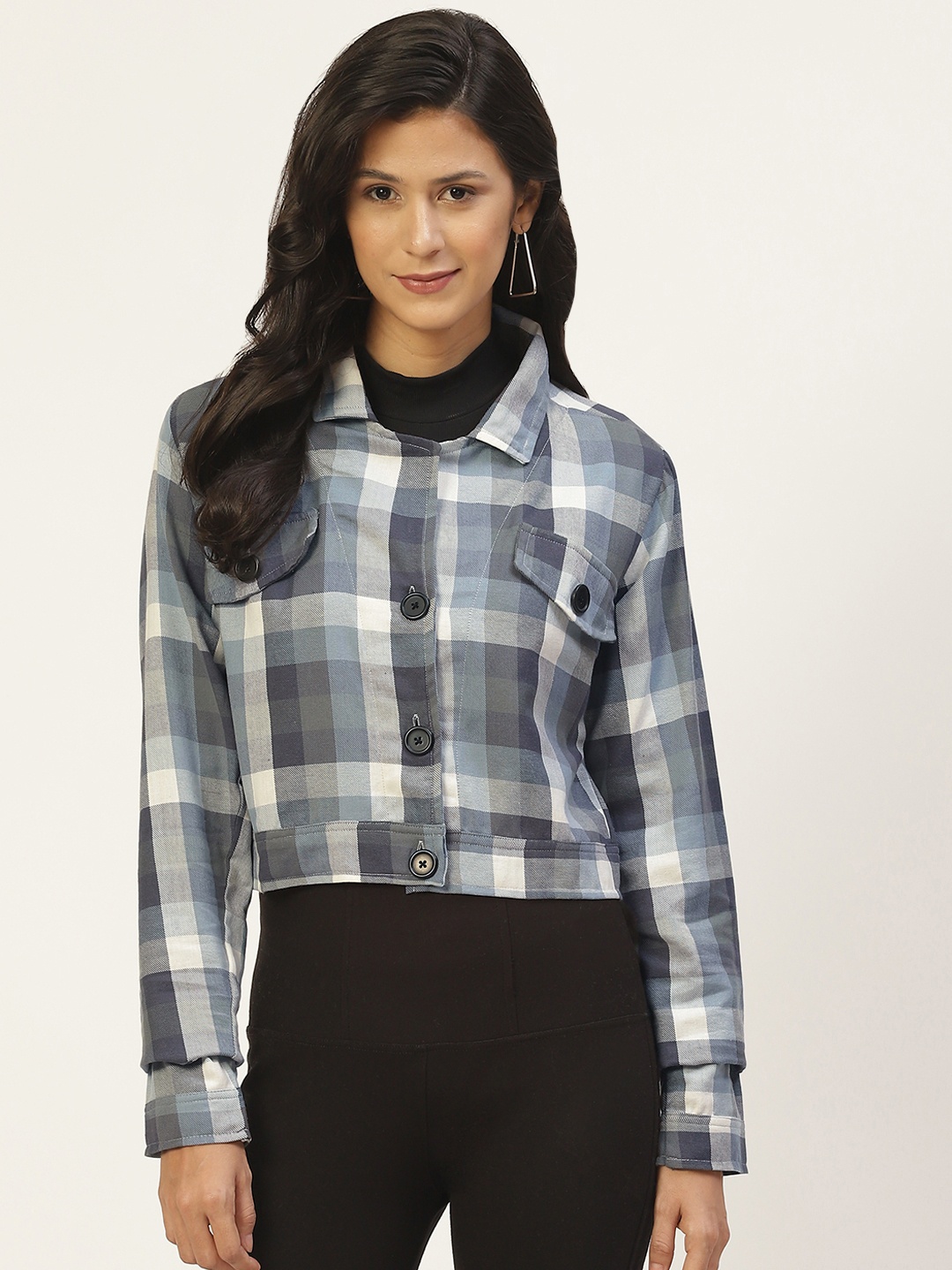 

Belle Fille Women Grey Checked Crop Open Front Jacket