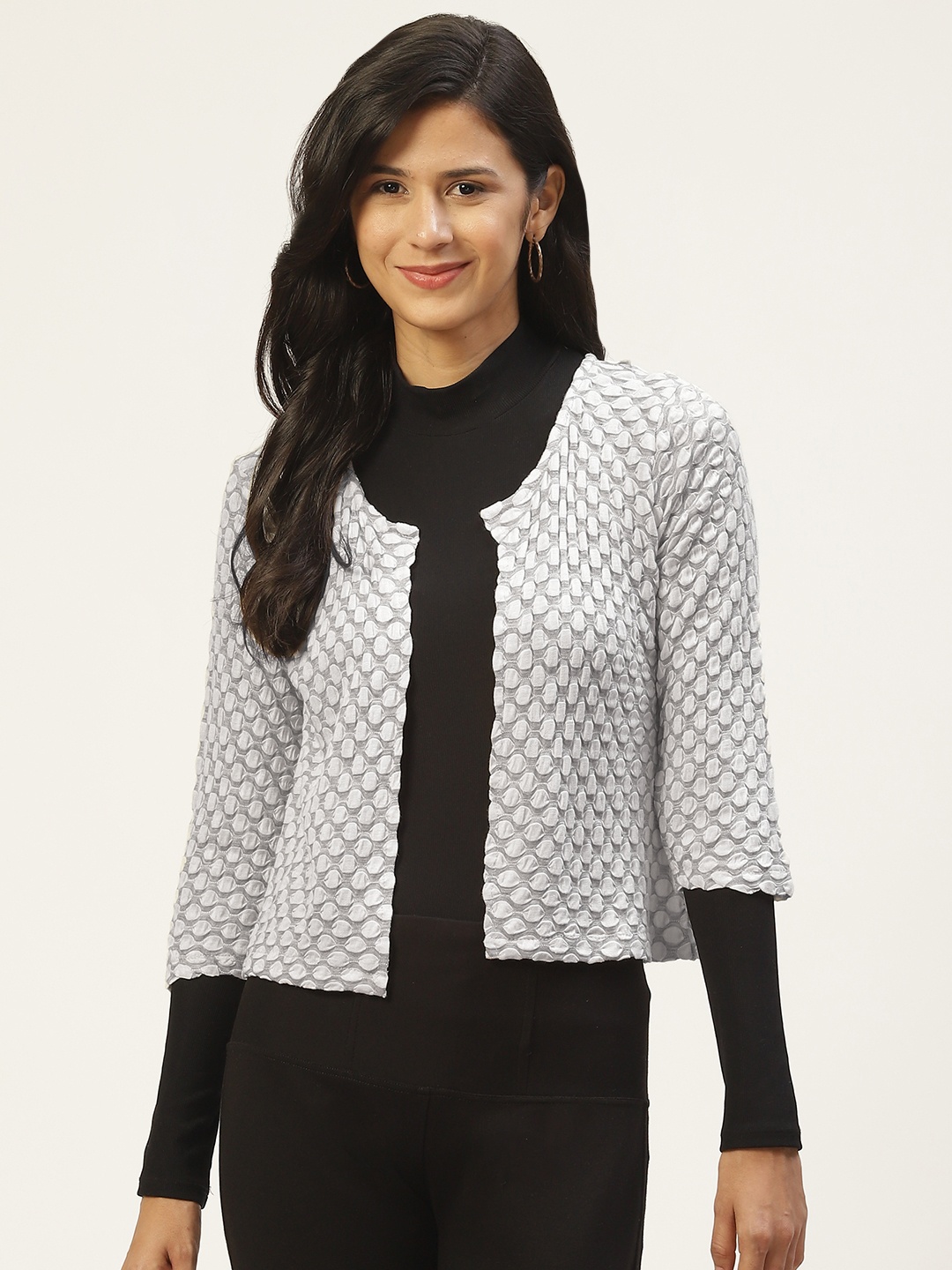 

Belle Fille Women White & Grey Melange Crop Shrug