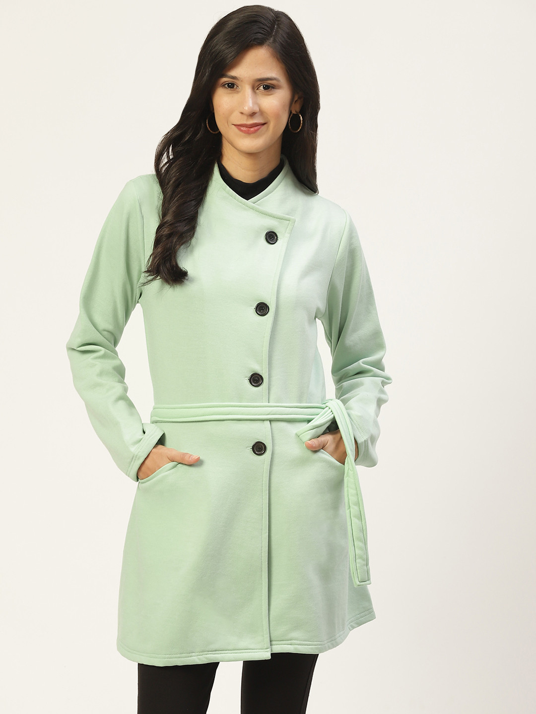 

Belle Fille Women Sea Green Fleece Longline Tailored Jacket