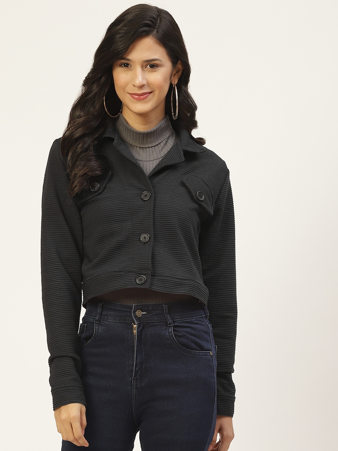 

Belle Fille Women Black Crop Open Front Jacket