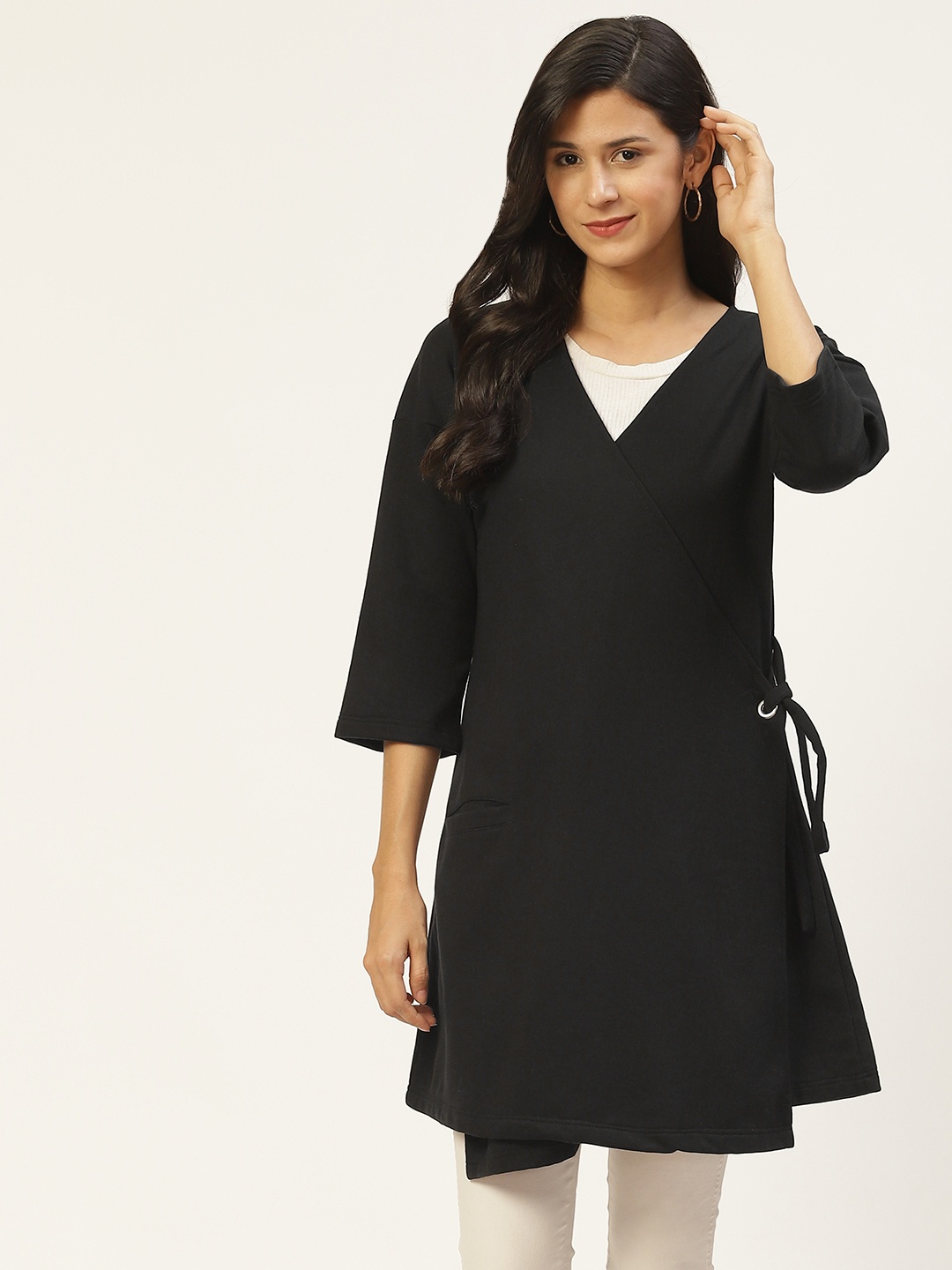 

Belle Fille Women Black Fleece Longline Open Front Jacket