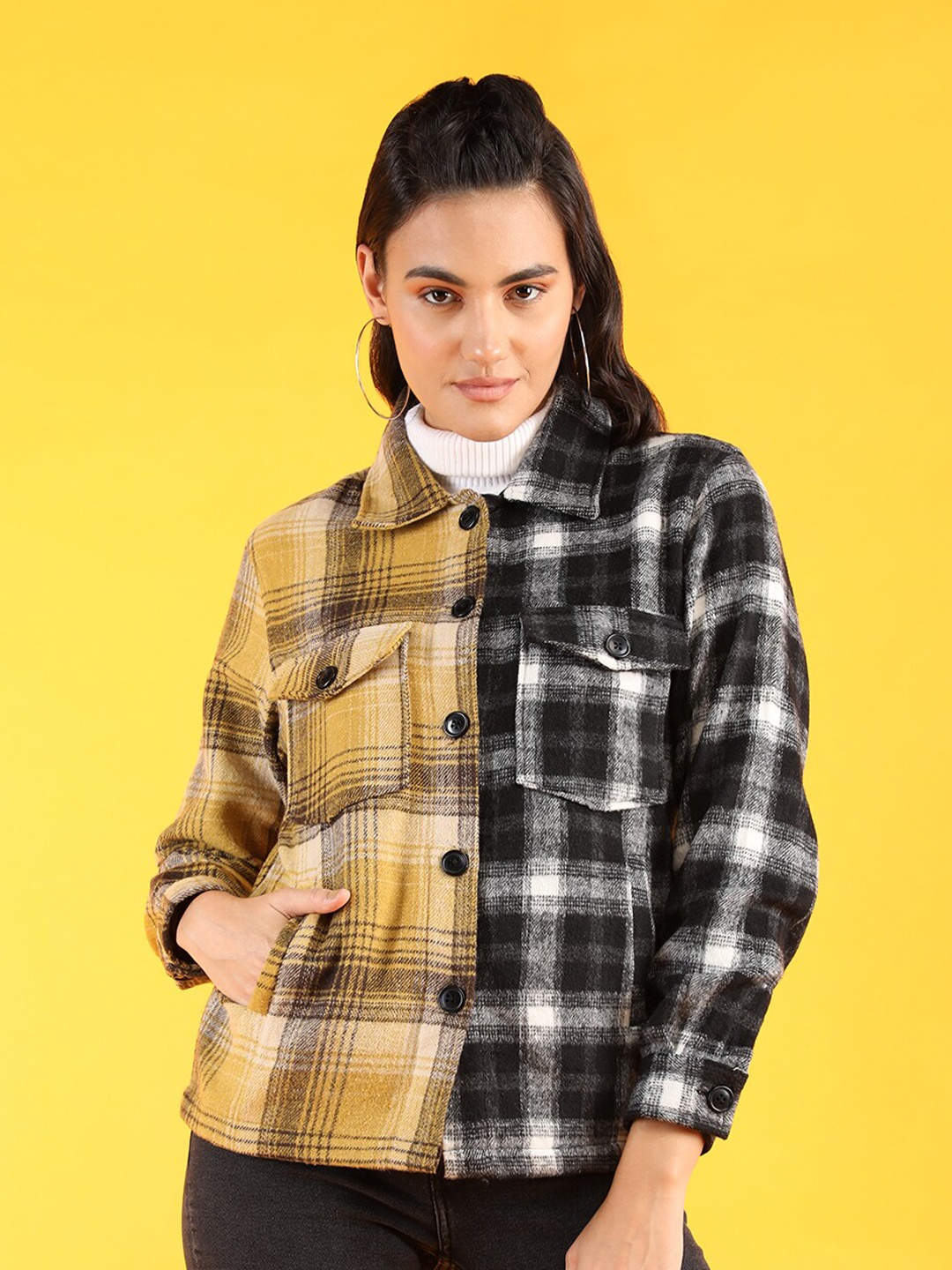 

Dlanxa Women Checked Shacket, Yellow
