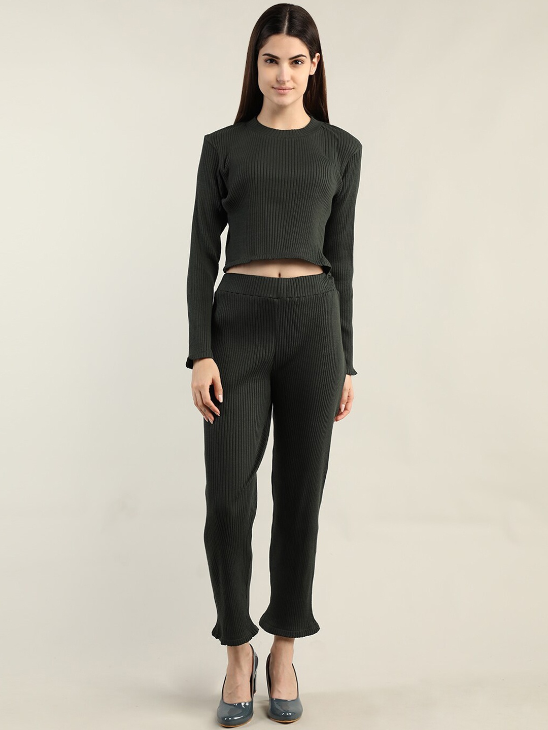 

Dlanxa Women Olive Knitted Top & Trouser Co-Ords