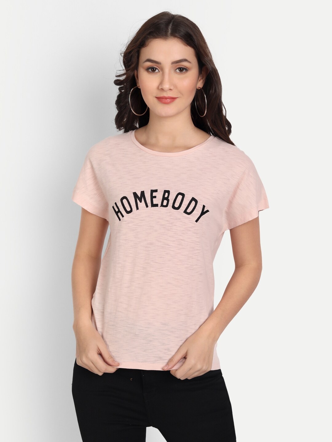 

Sttavoss Women Peach-Coloured Typography Printed Slim Fit Cotton T-shirt