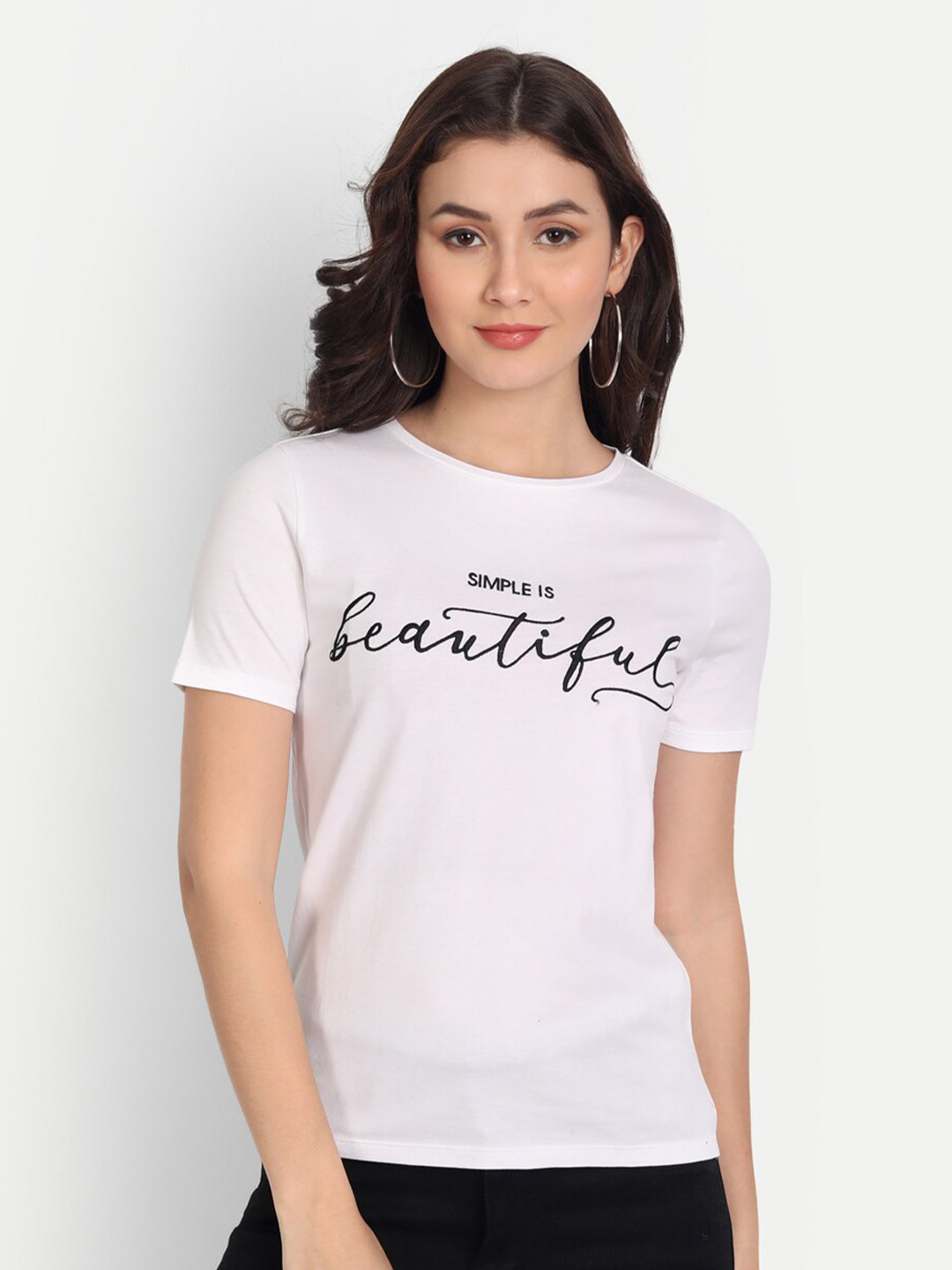 

Sttavoss Women White & Black Typography Printed Slim Fit Pure Cotton T-shirt