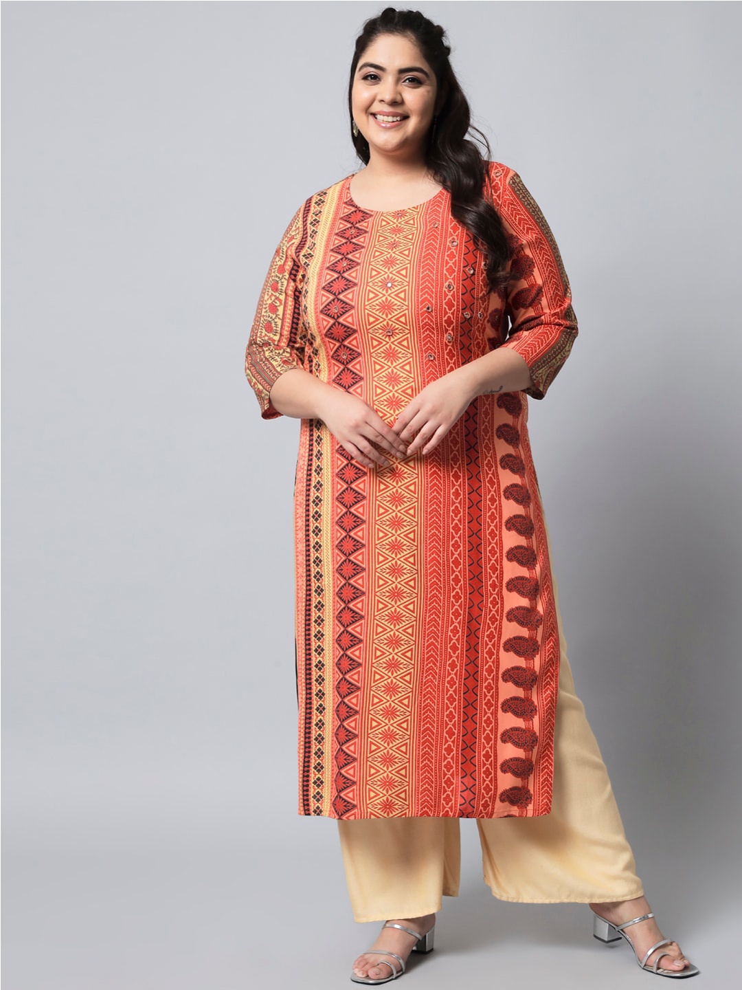 

Nehamta Women Red Plus Size Geometric Printed Mirror Work Kurta