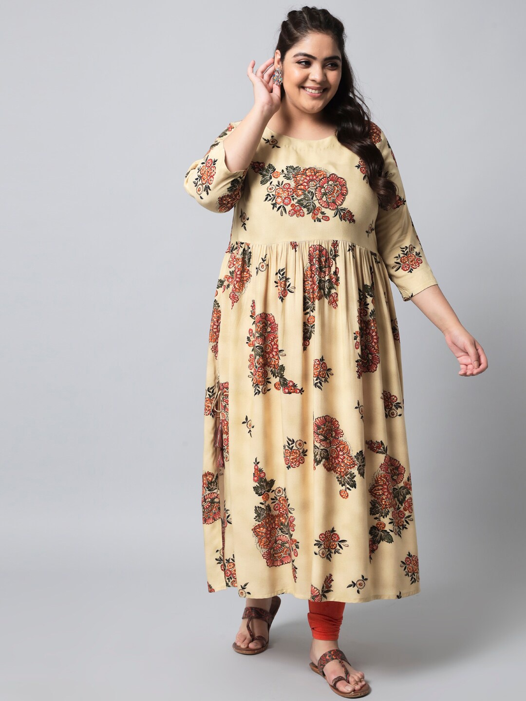 

Nehamta Women Plus Size Beige & Red Floral Printed Floral A-Line Kurta