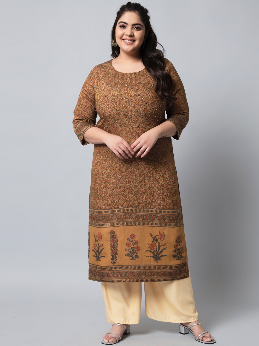 

Nehamta Women Plus Size Brown Floral Printed Floral Straight Kurta