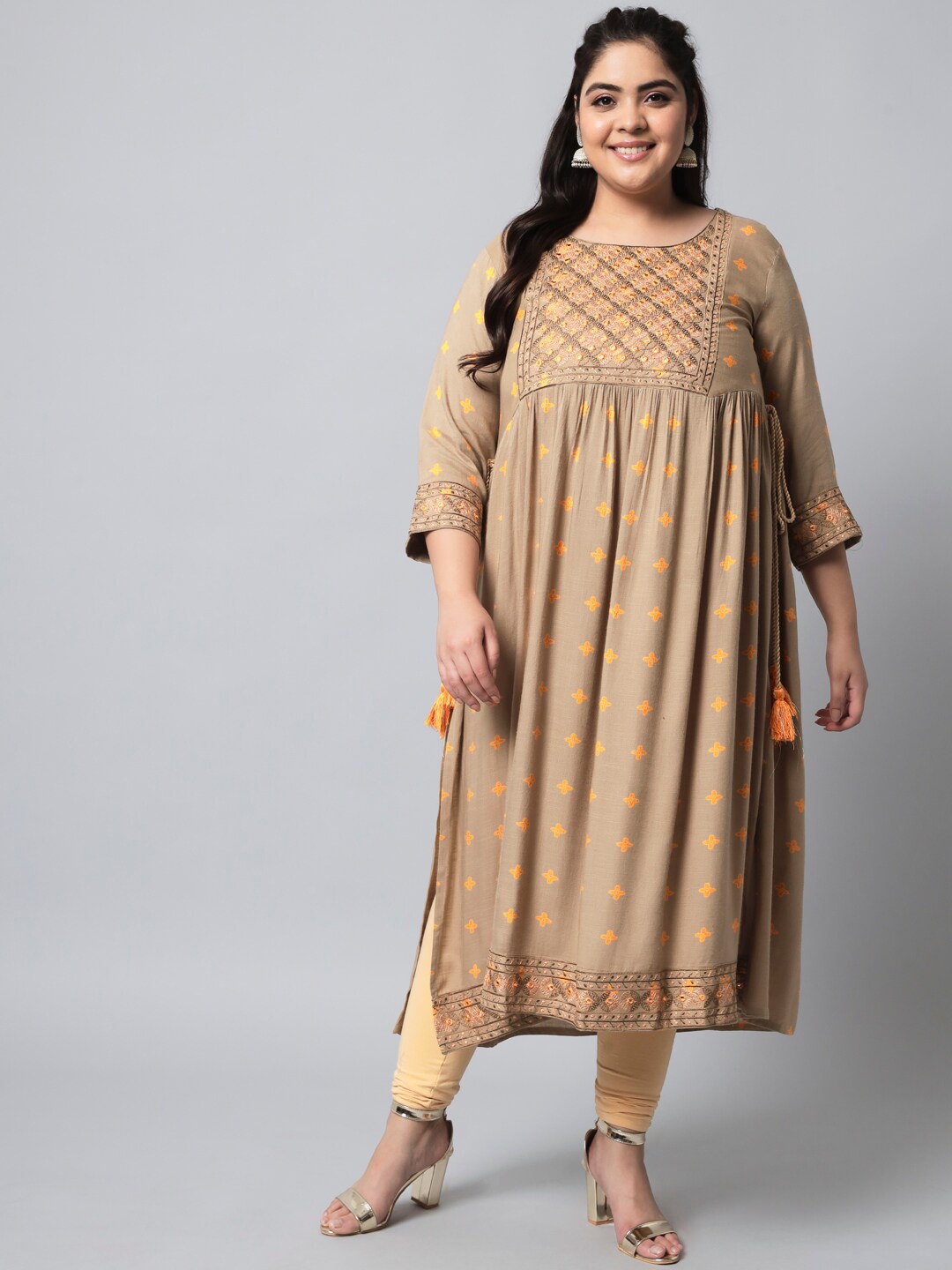 

Nehamta Women Beige & Mustard Yellow Ethnic Motifs Printed Kurta