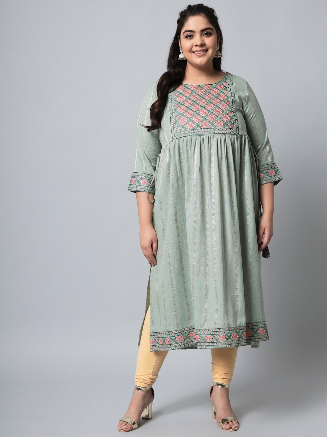 

Nehamta Plus Size Women Green Ethnic Motifs Embroidered Thread Work Kurta