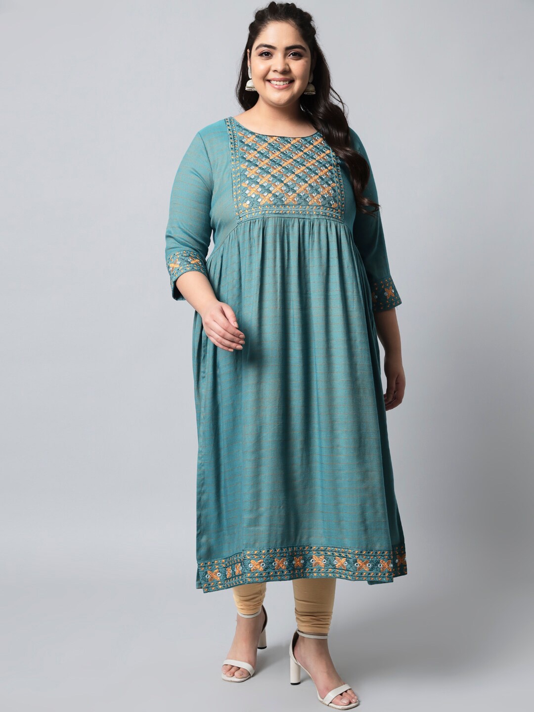 

Nehamta Women Plus Size Teal Yoke Design Mirror Work Kurta
