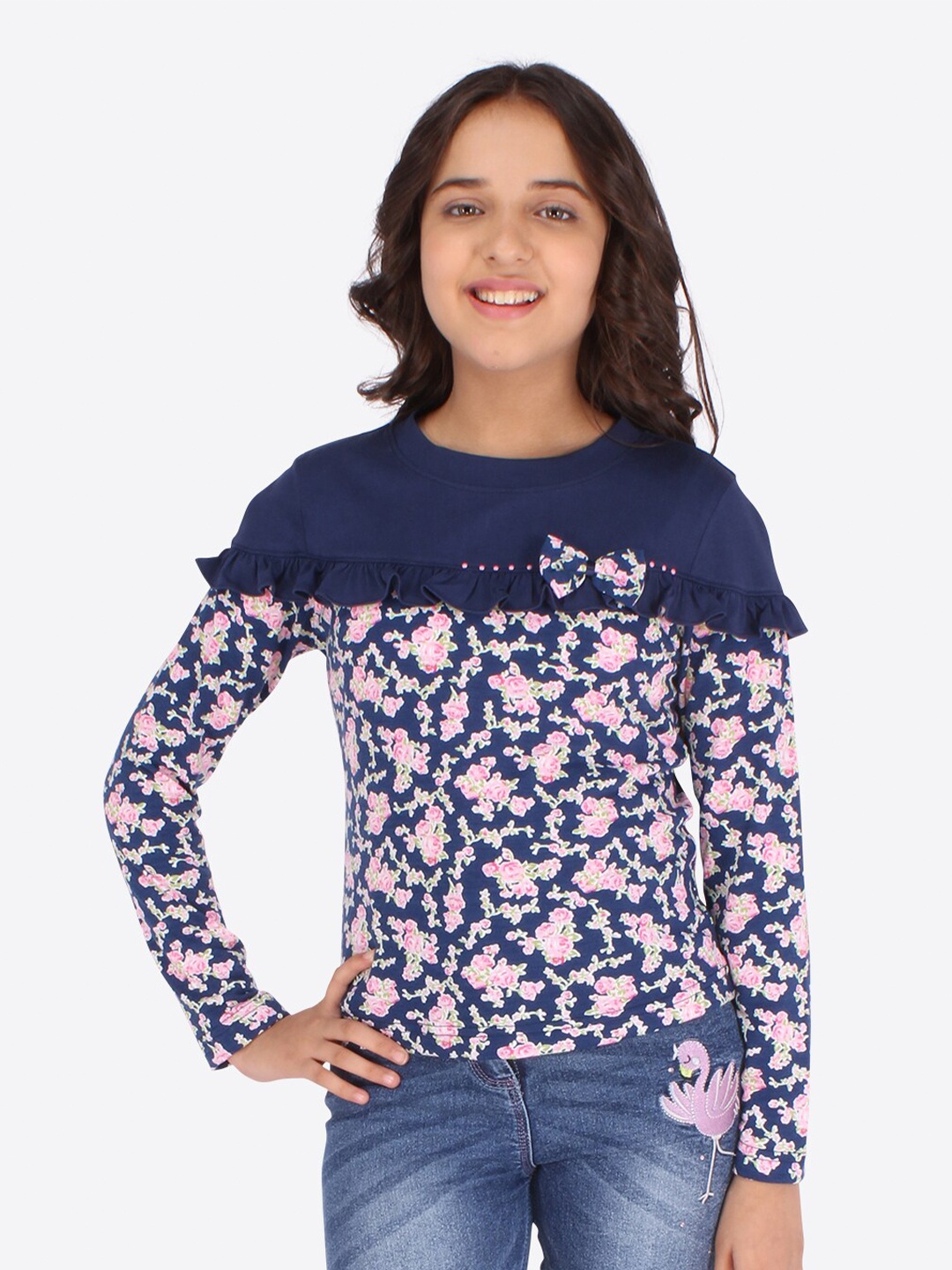 

CUTECUMBER Girls Navy Blue & Pink Floral Printed Top