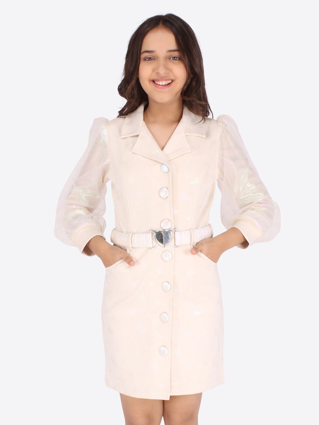 

CUTECUMBER Girls Cream Solid Puff Sleeves Shirt Style Dress