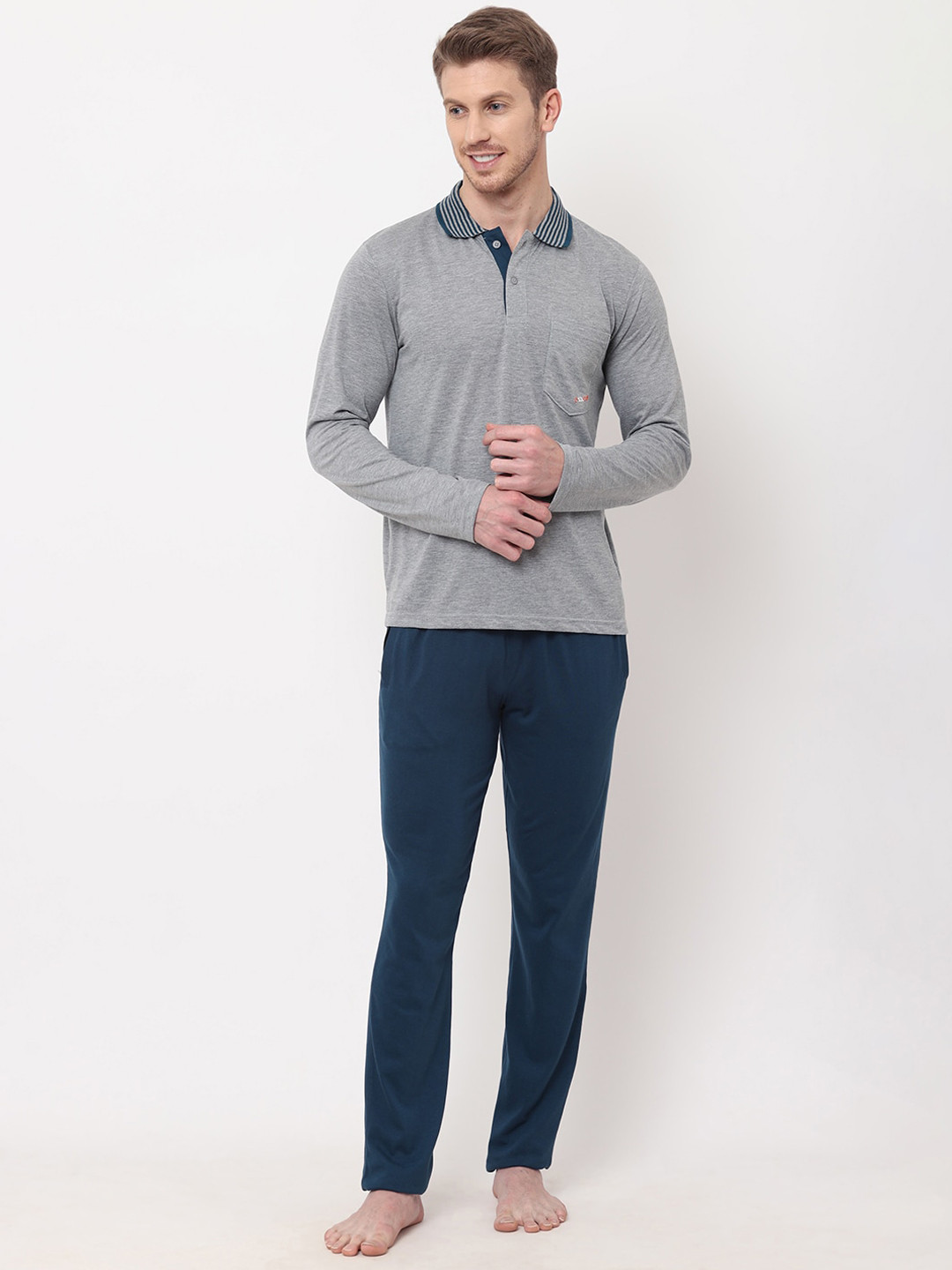 

Sweet Dreams Men Grey Melange & Navy Blue Cotton Night Suit
