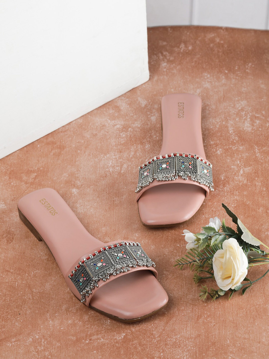 

ESTATOS Women Peach-Coloured Embellished Open Toe Flats