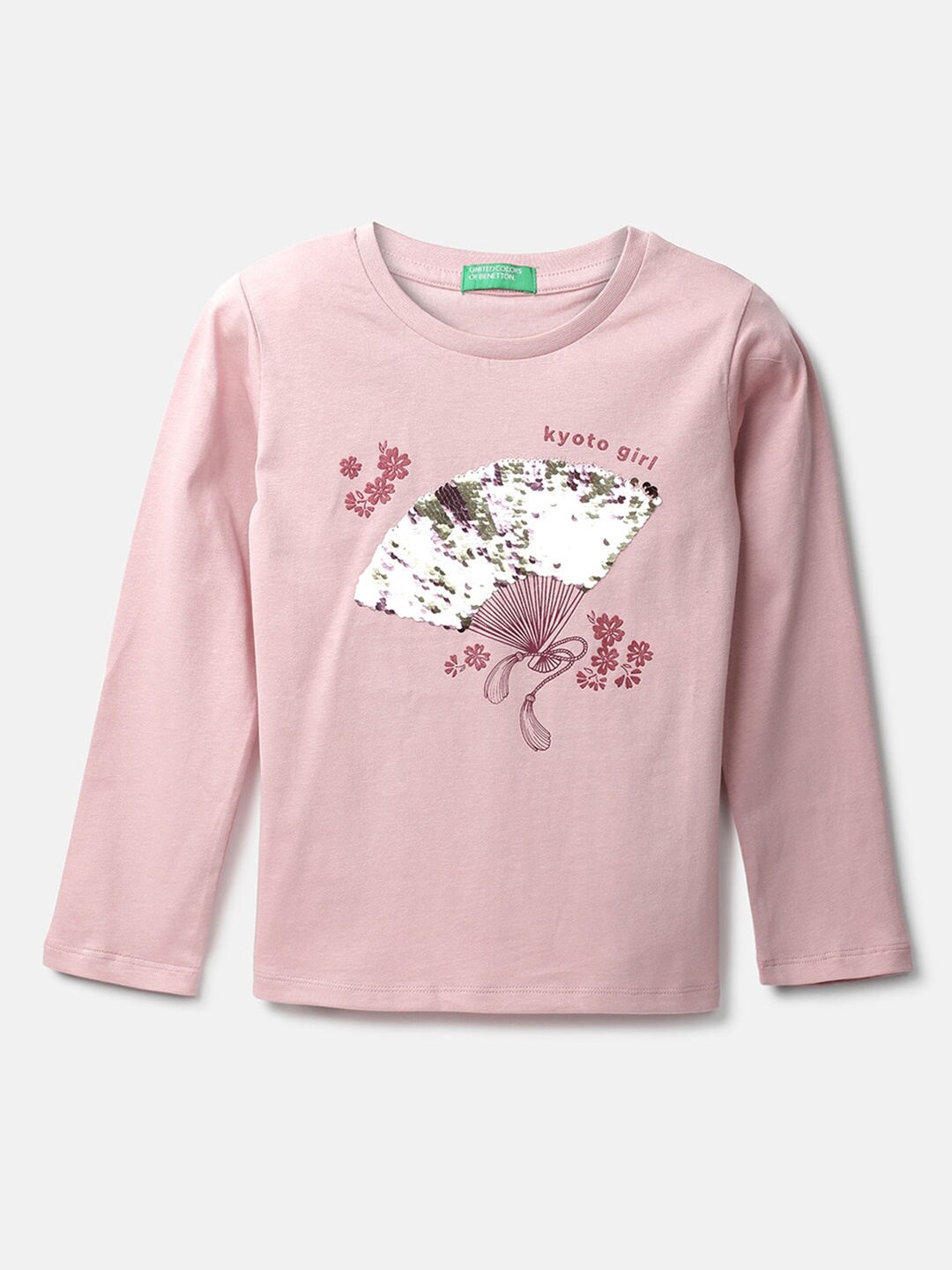 

United Colors of Benetton Girls Pink & White Printed Pure Cotton Top