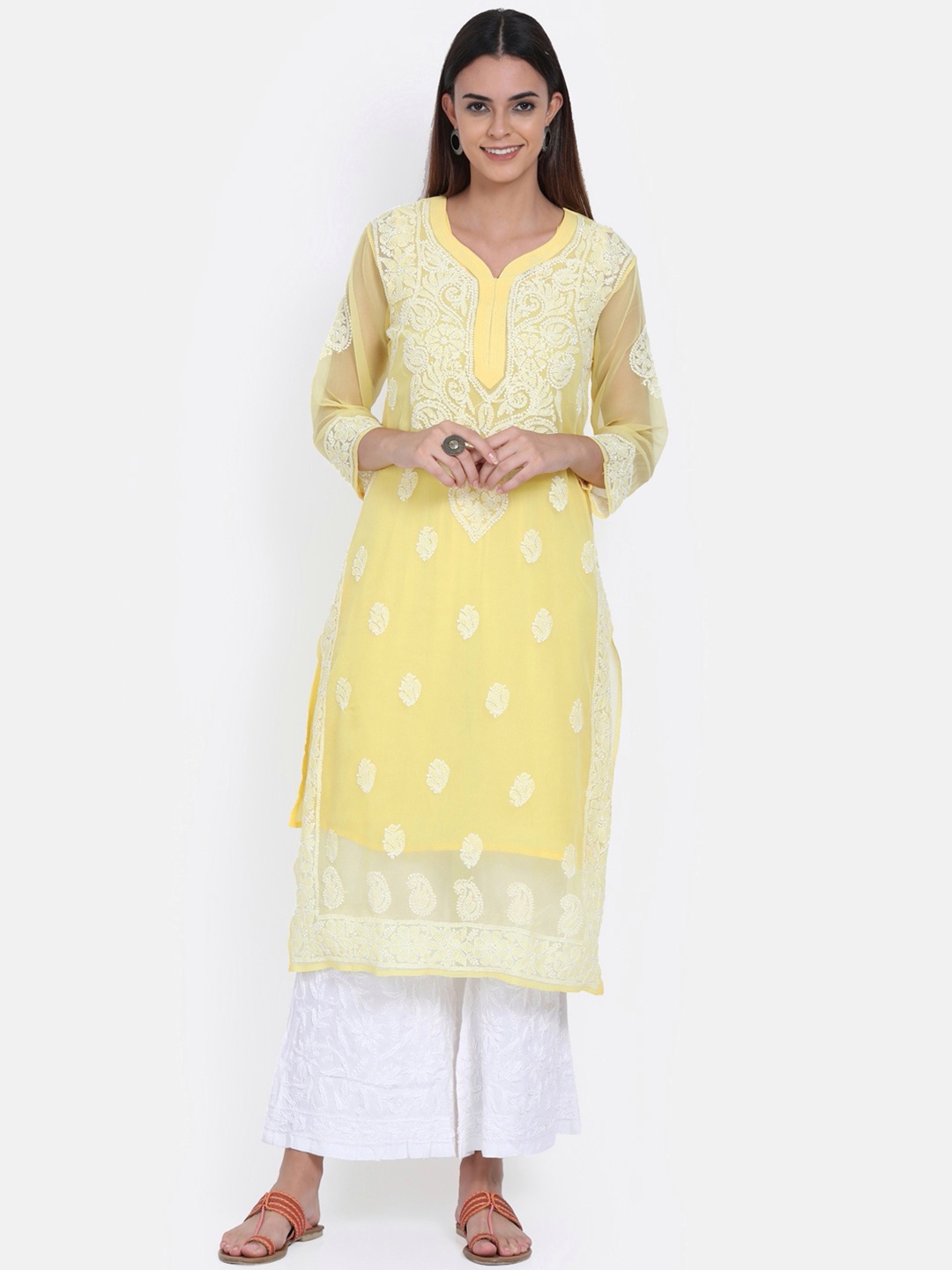 

PARAMOUNT CHIKAN Women Yellow Floral Hand Embroidered Georgette Chikankari Kurta