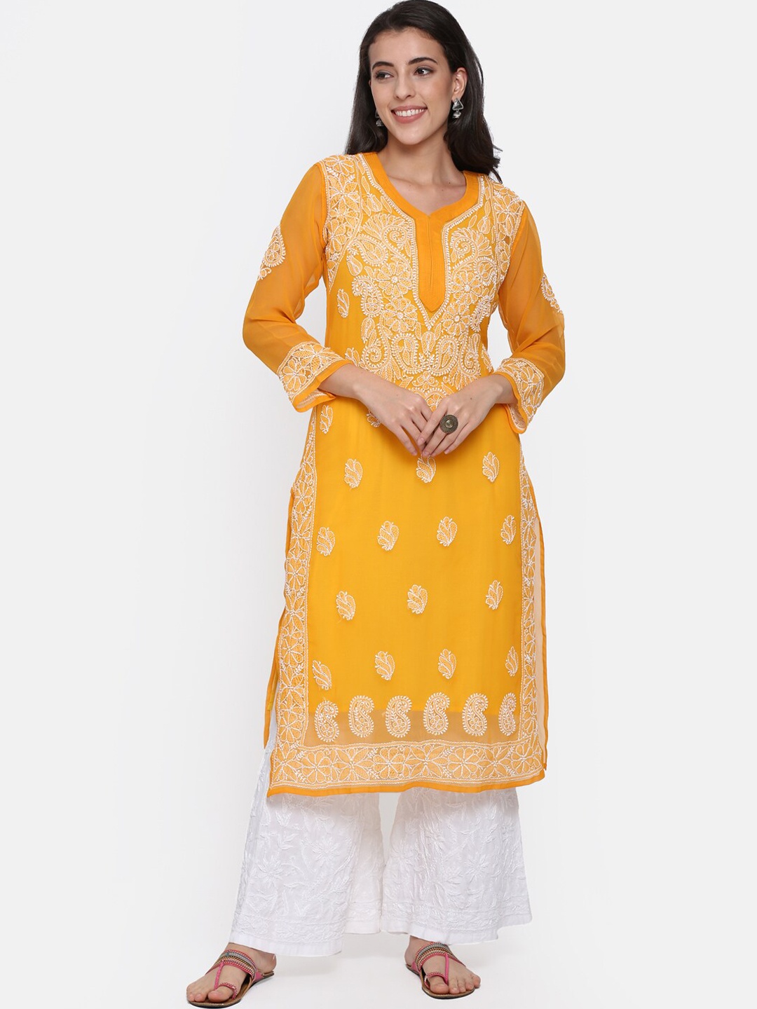 

PARAMOUNT CHIKAN Women Mustard Yellow Ethnic Motifs Embroidered Chikankari Floral Georgette Kurta