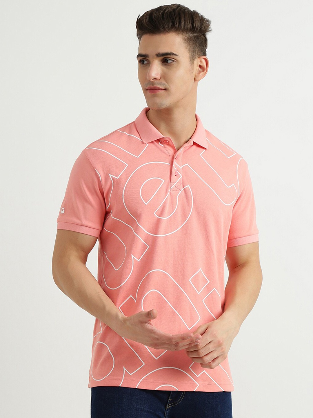 

United Colors of Benetton Men Pink Typography Printed Polo Collar T-shirt