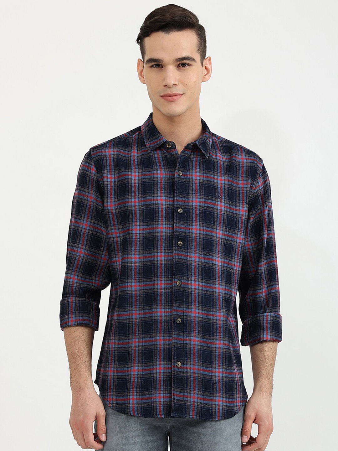 

United Colors of Benetton Men Blue Slim Fit Tartan Checks Checked Casual Shirt