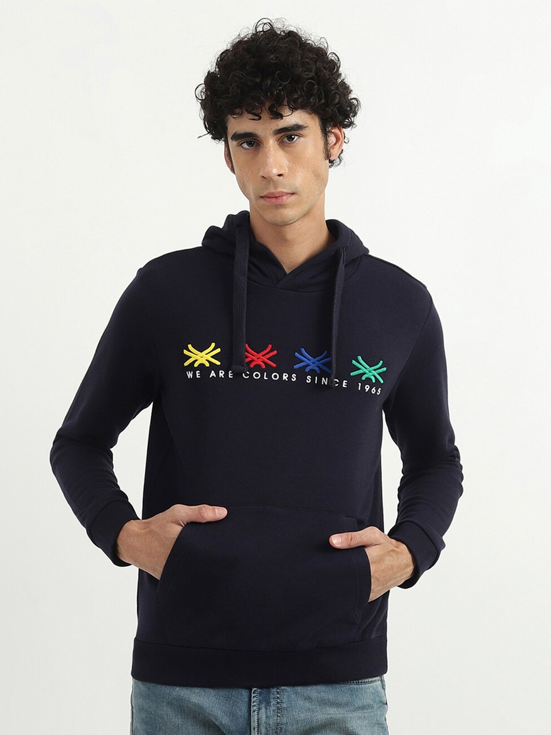 

United Colors of Benetton Men Navy Blue Printed Hooded Sweatshirt