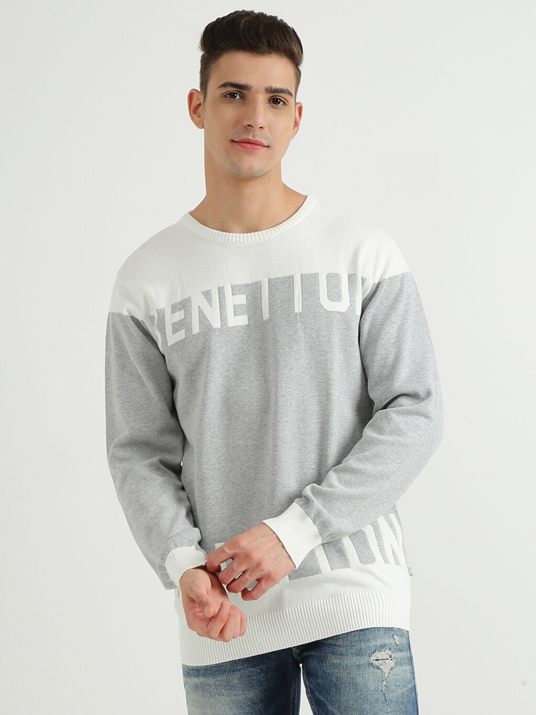 

United Colors of Benetton Men Grey Printed Cotton, Sweatshirt