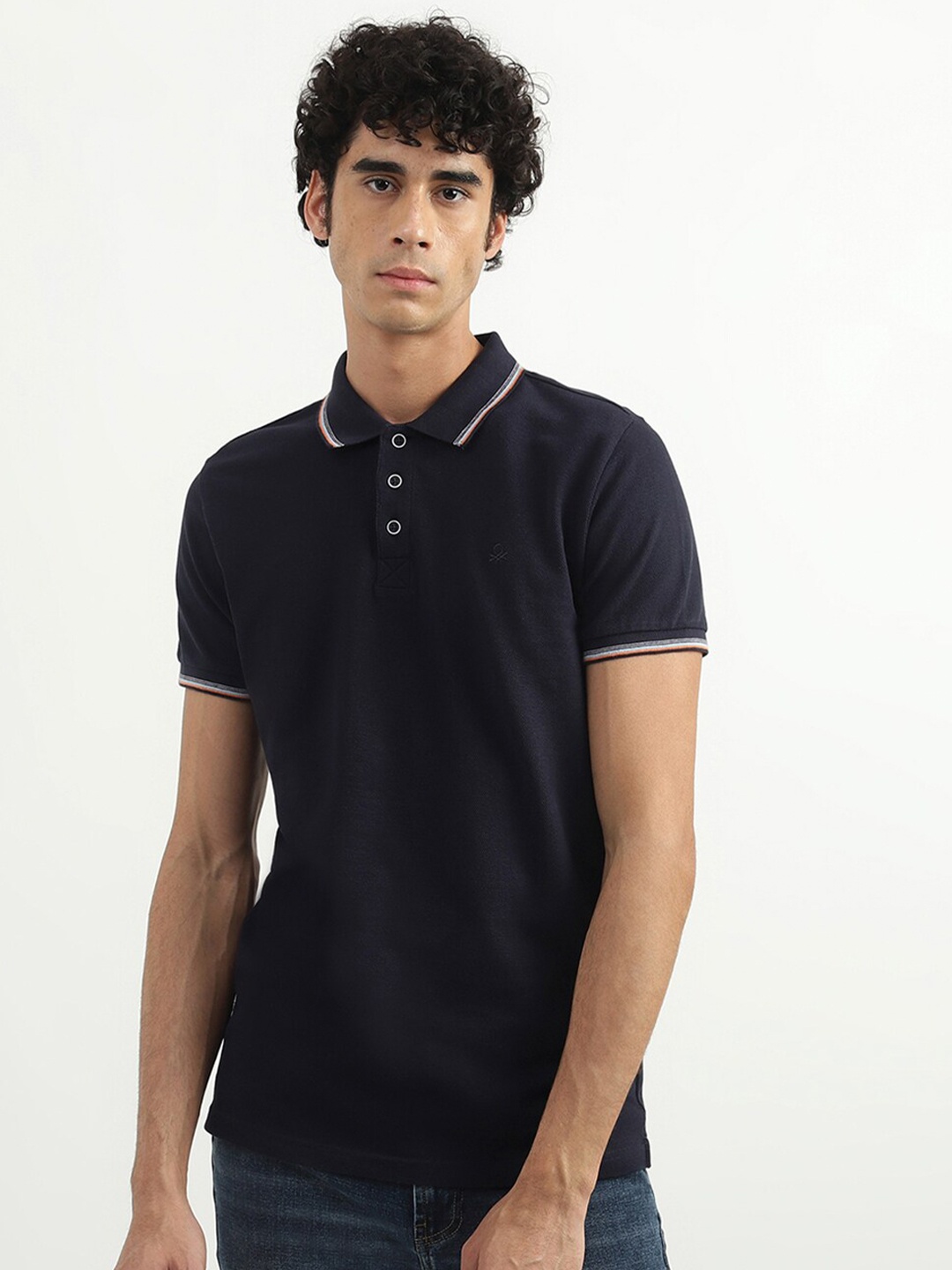 

United Colors of Benetton Men Black Polo Collar Cotton T-shirt