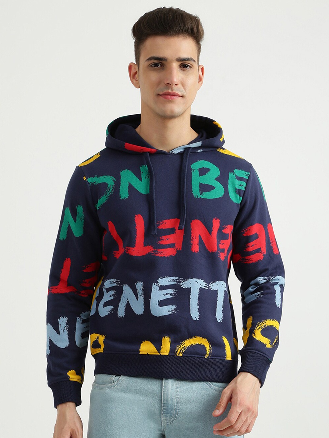 

United Colors of Benetton Men Navy Blue Printed Hooded Sweatshirt