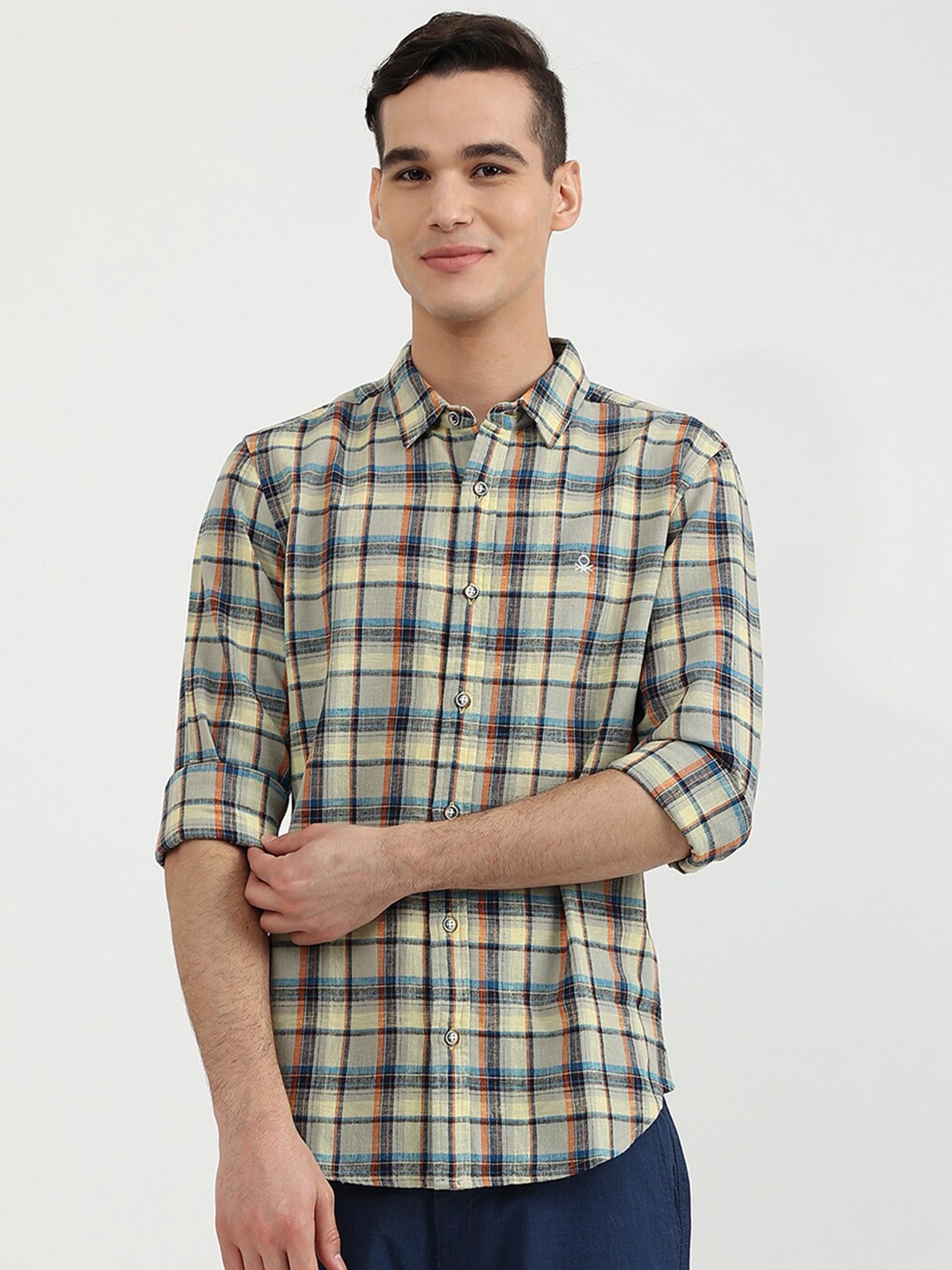 

United Colors of Benetton Men Multicoloured Slim Fit Tartan Checked Cotton Casual Shirt, Multi