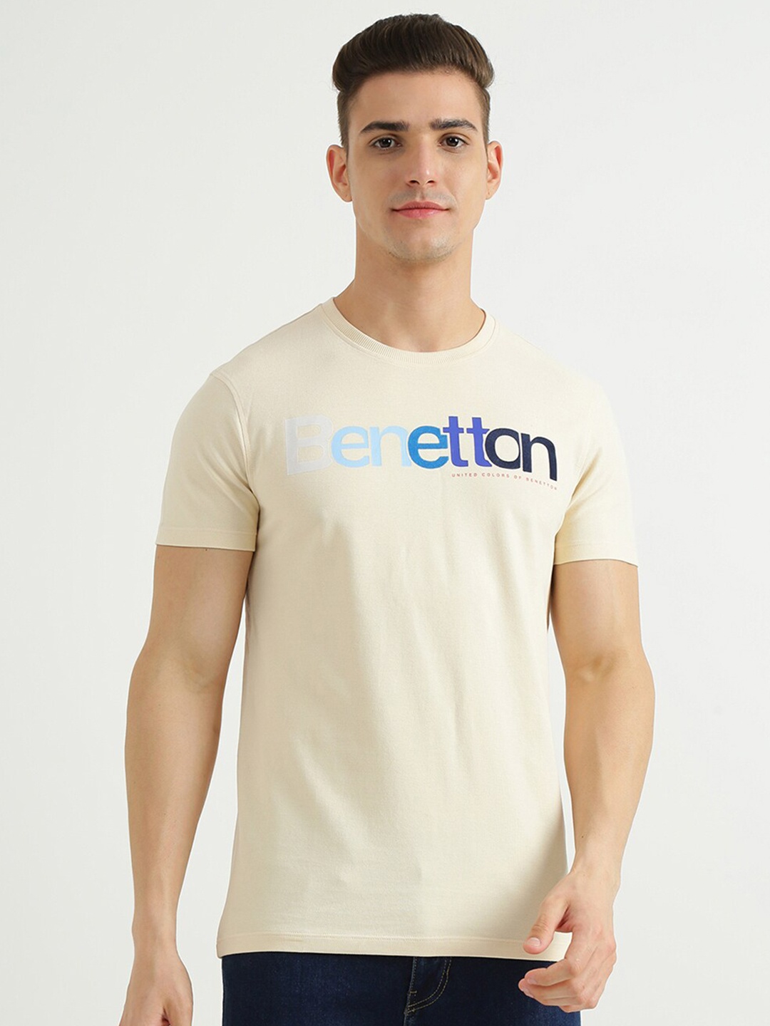 

United Colors of Benetton Men Beige Typography Printed T-shirt