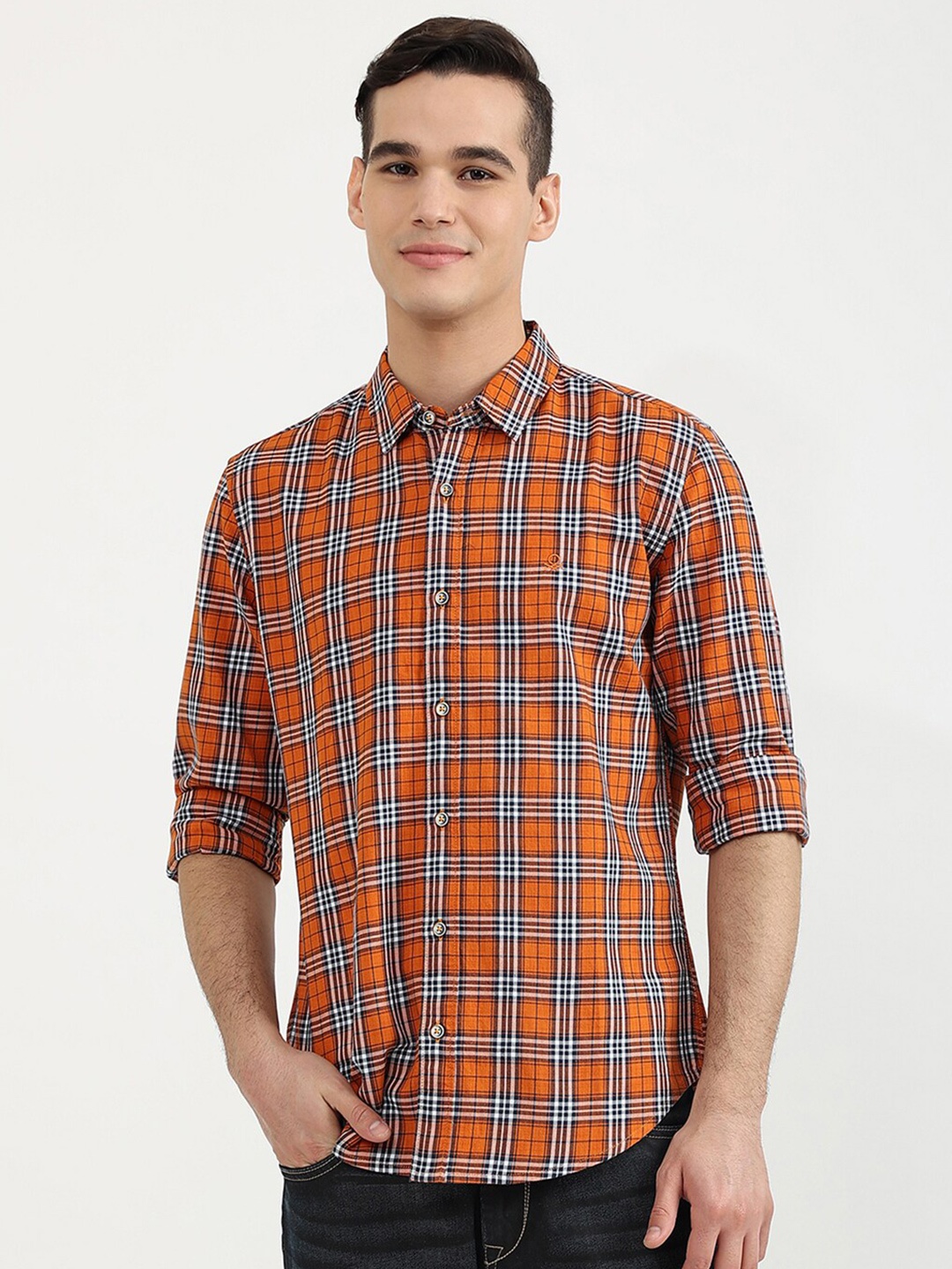 

United Colors of Benetton Men Brown Slim Fit Tartan Checks Cotton Casual Shirt