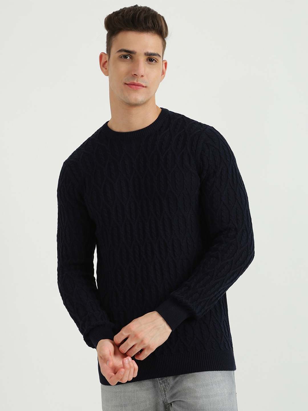 

United Colors of Benetton Men Navy Blue Ribbed Pullover