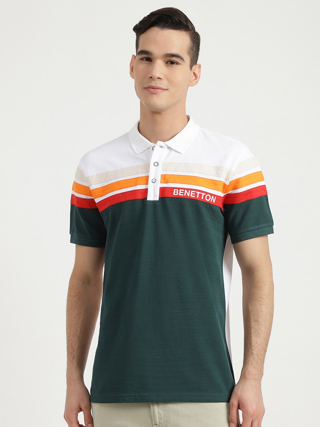 

United Colors of Benetton Men White & Green Striped Polo Collar Cotton T-shirt