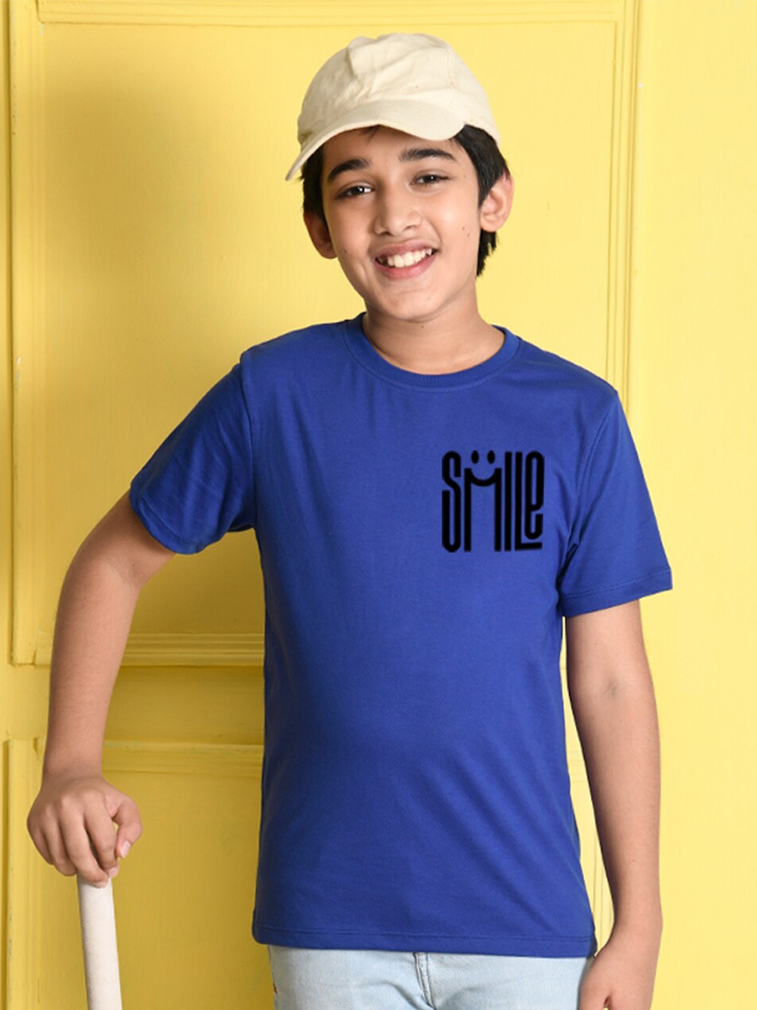 

NUSYL Boys Blue Typography Printed Indigo Cotton T-shirt