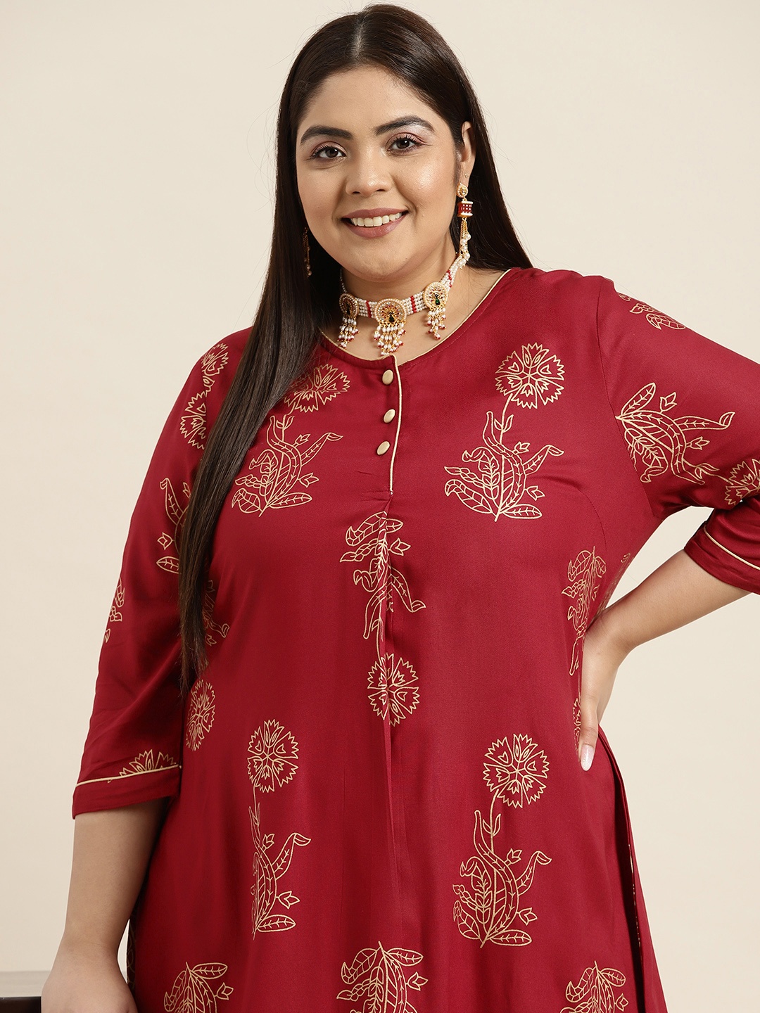 

Sztori Women Plus Size Maroon & Golden Floral Print Kurta