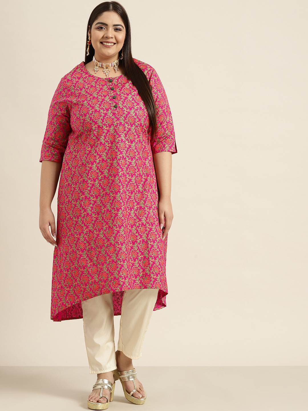 

Sztori Women Plus Size Pink & Green Pure Cotton Floral Print High-Low Kurta