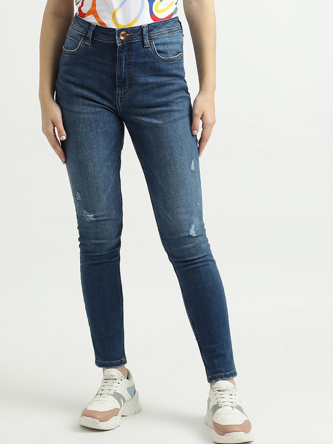 

United Colors of Benetton Women Blue Skinny Fit High-Rise Low Distress Cotton Jeans