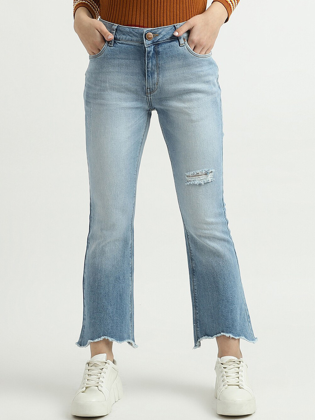 

United Colors of Benetton Women Blue Bootcut Low Distress Light Fade Jeans