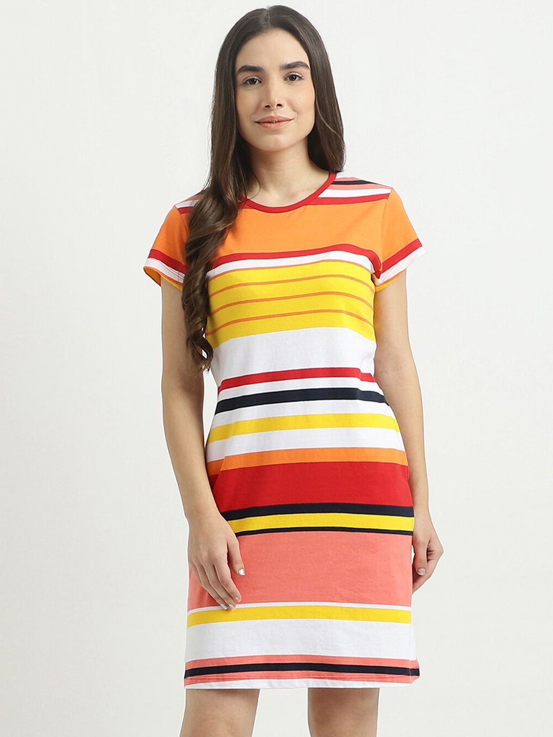 

United Colors of Benetton Women Orange & White Striped Cotton T-shirt Dress