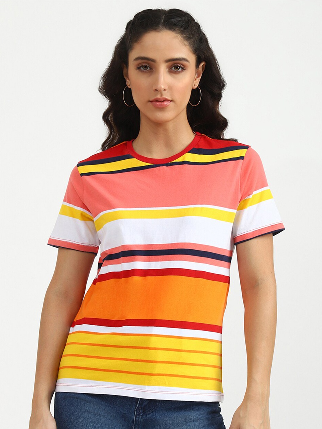 

United Colors of Benetton Women Peach-Coloured & Yellow Striped Cotton Slim Fit T-shirt