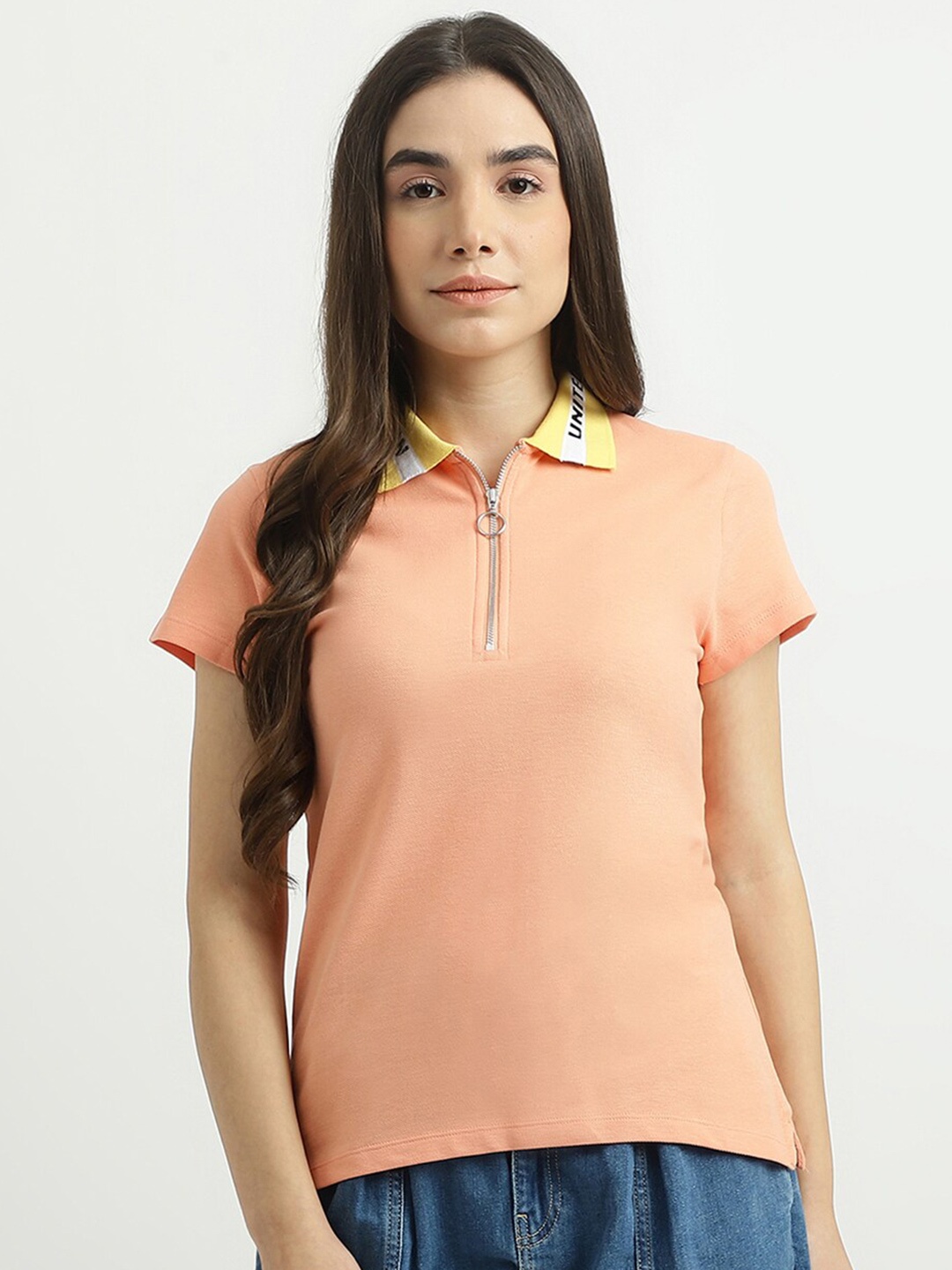 

United Colors of Benetton Women Peach-Coloured Polo Collar Cotton T-shirt