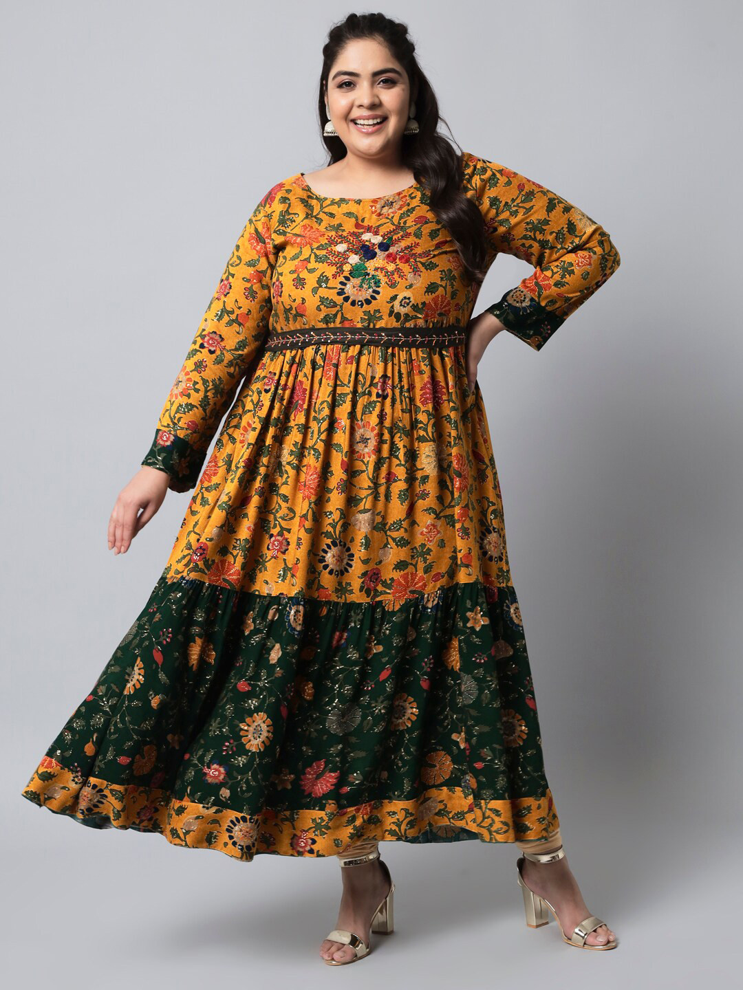 

KALINI Mustard Yellow & Green Ethnic Motifs Ethnic Empire Maxi Dress