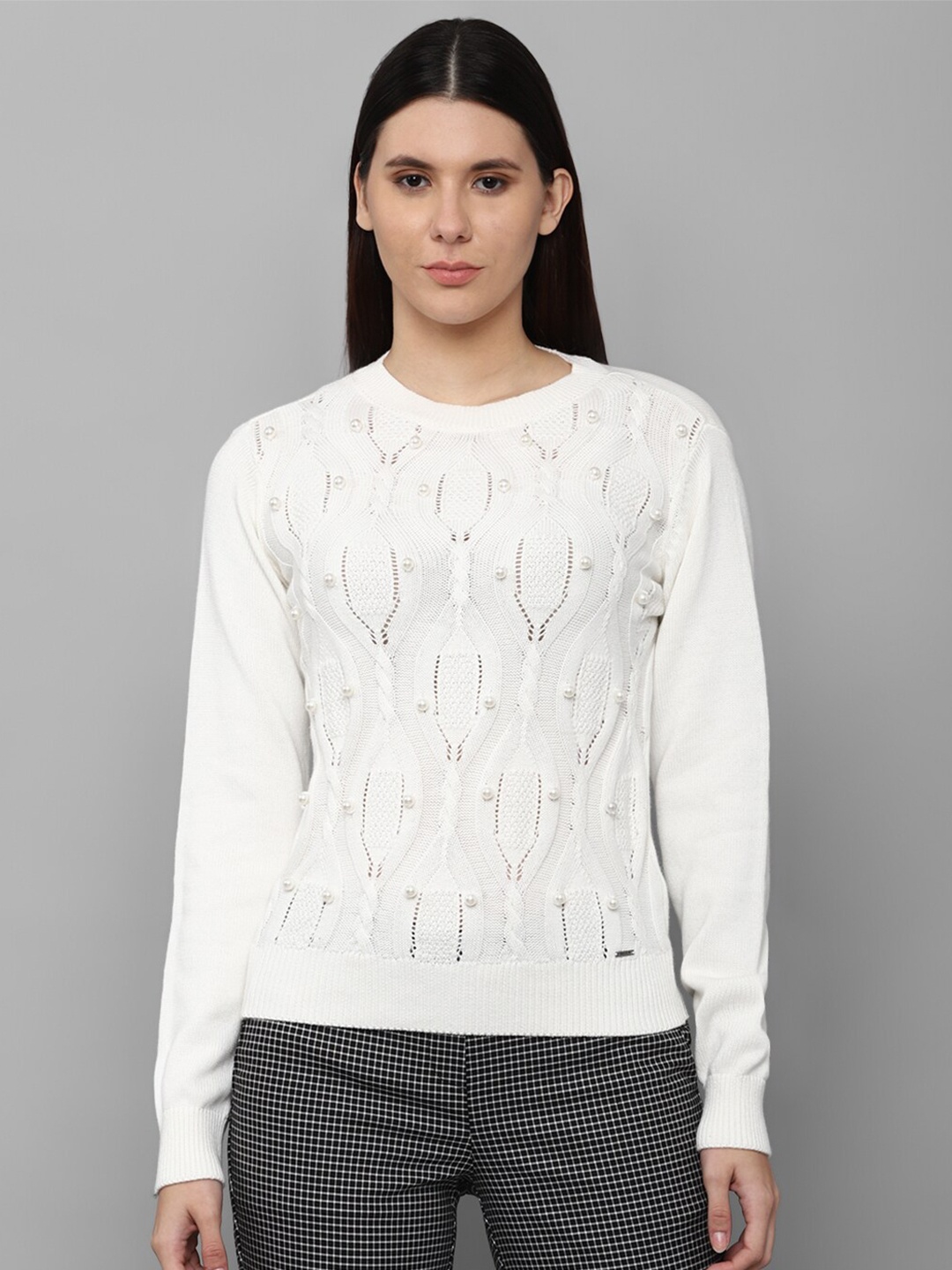 

Allen Solly Woman Women White Pure Cotton Pullover with Embellished Detail