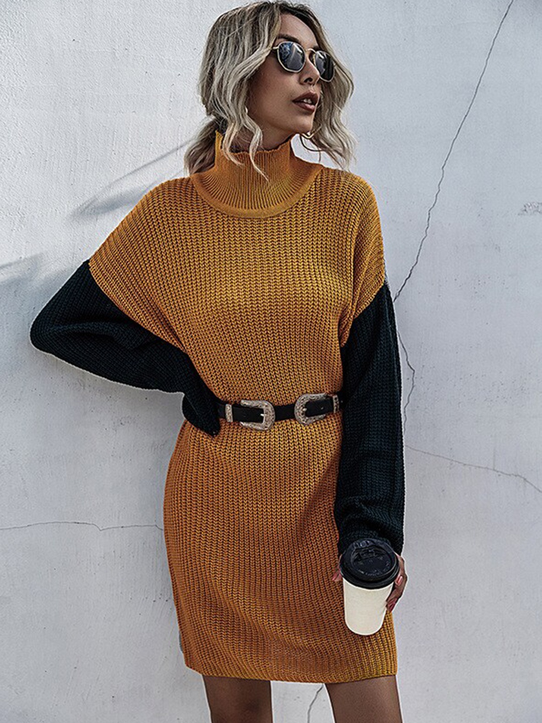 

StyleCast Women Mustard Yellow & Black Colorblocked Sweater Dress