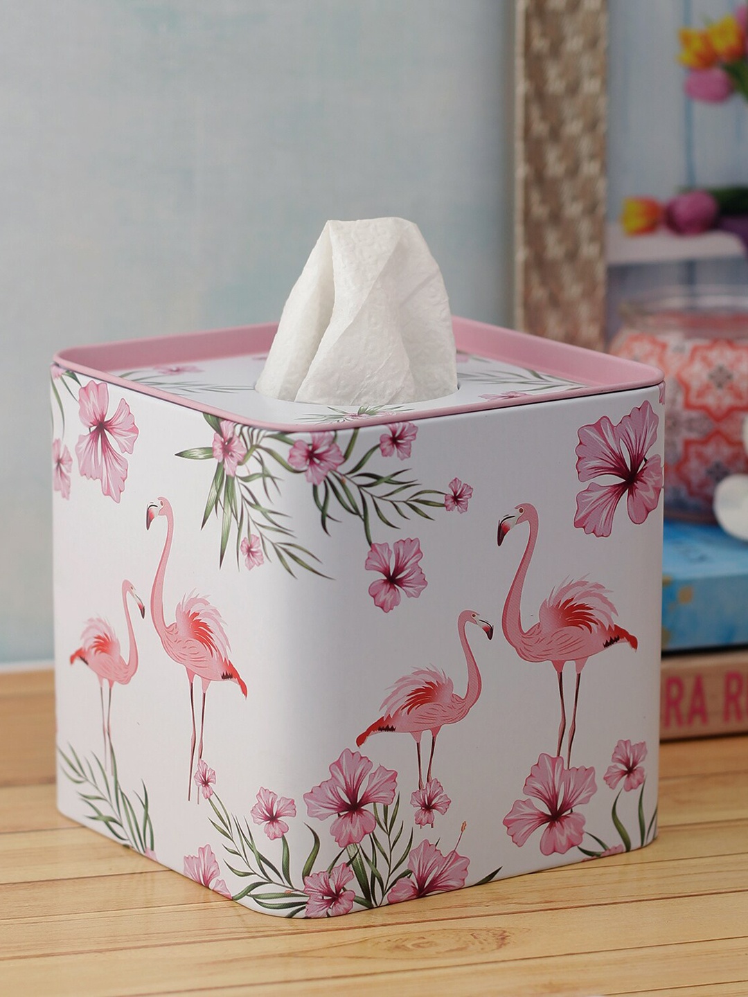 

A Vintage Affair- Home Decor White & Pink Flamingo Printed Tissue Box Holder