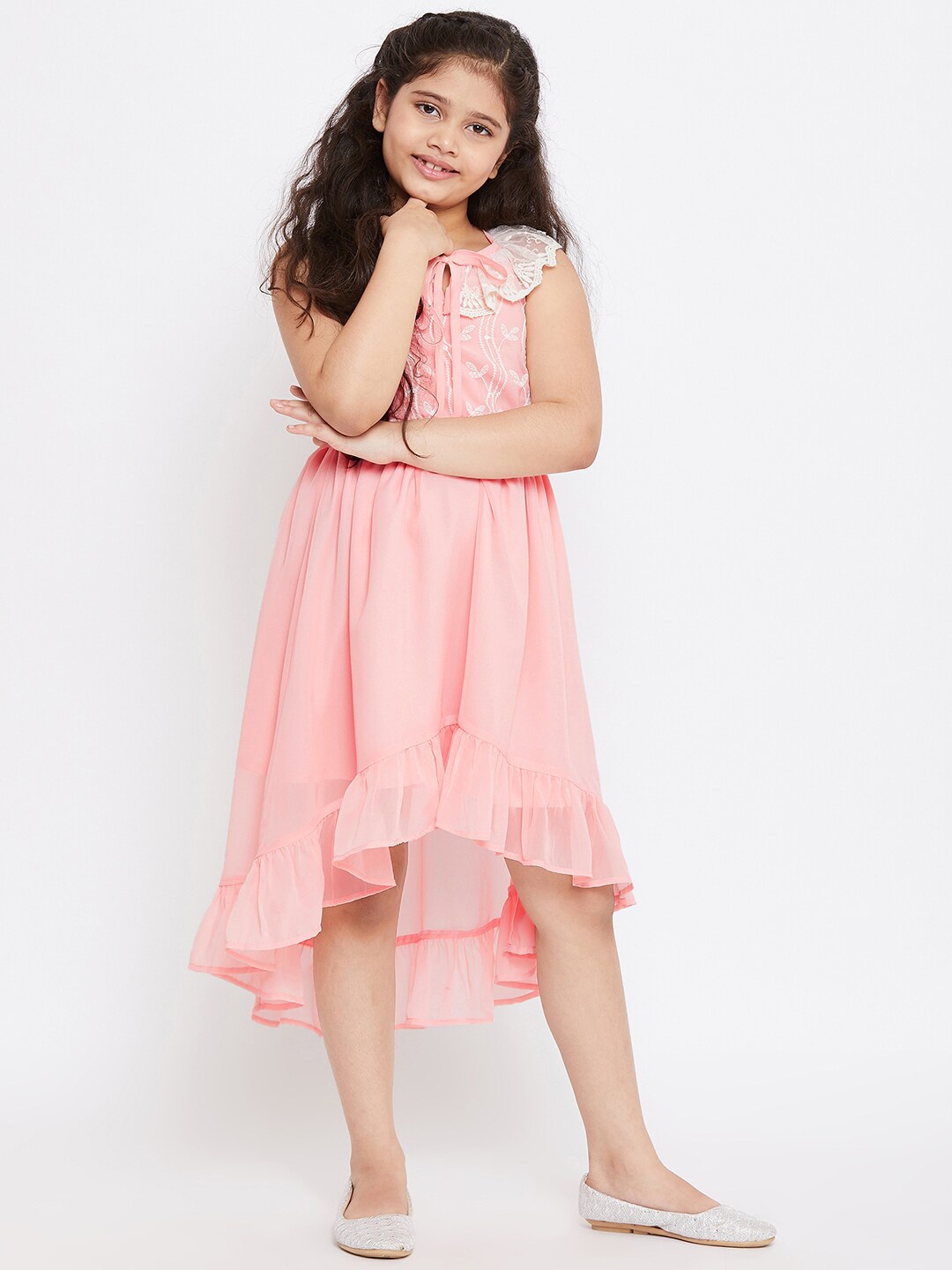 

Stylo Bug Girls Pink & White Embroidered Tie-Up Neck A-Line Midi Dress